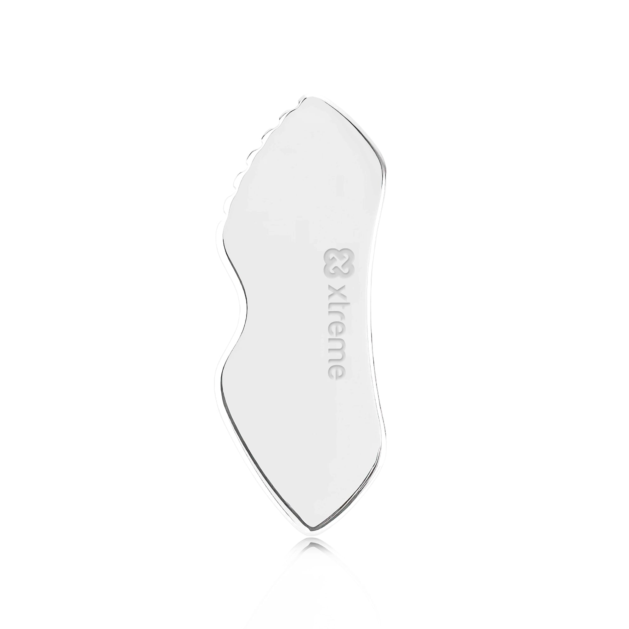 A clear, customised Gua Sha board with a contoured shape, featuring a small logo on its surface. Customised Gua Sha Board - Image 1