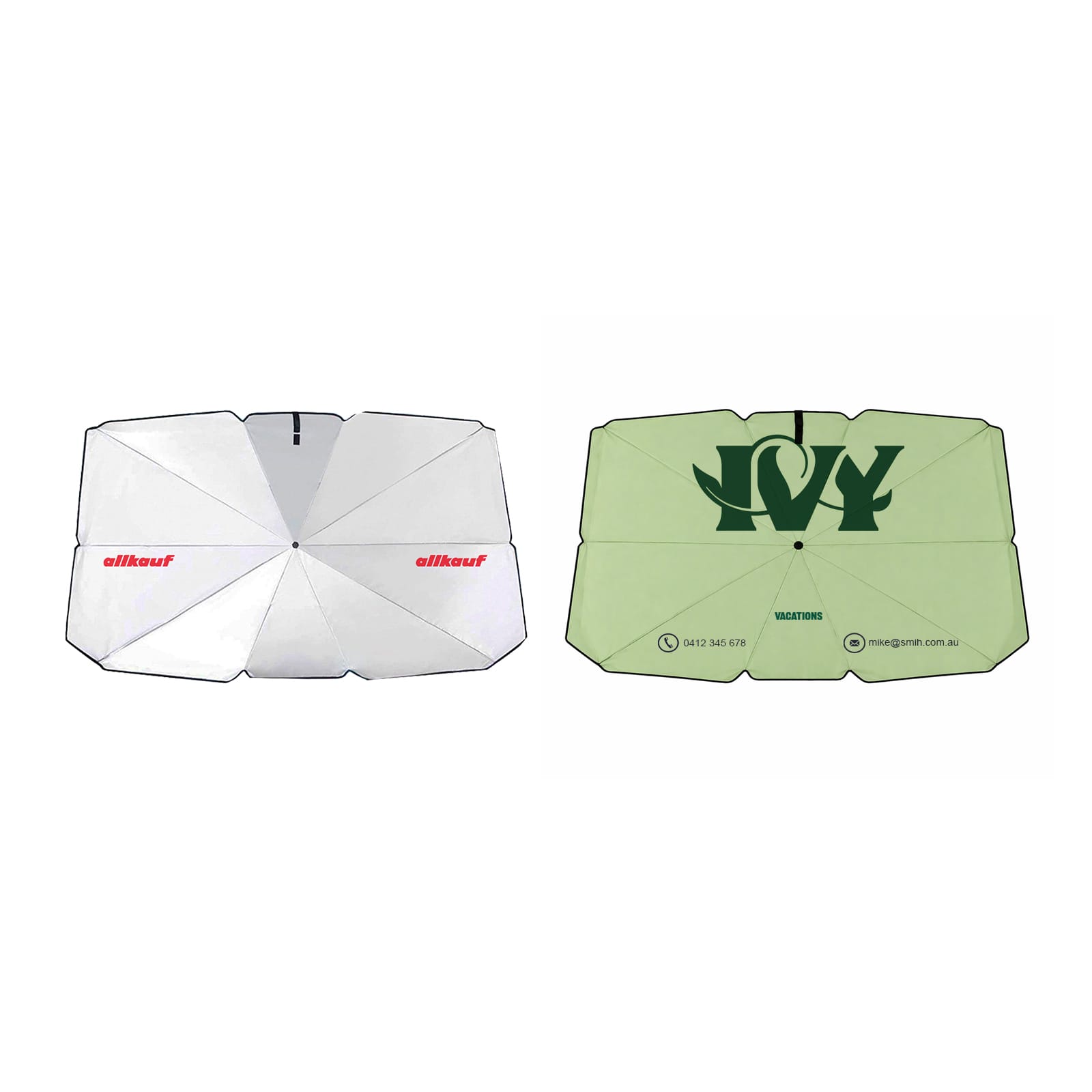 A large car shade umbrella in white and green, featuring a logo on one side. Ideal for sun protection. Large Car Shade Umbrella - Image 1