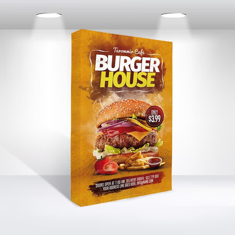 A promotional display featuring a large, colourful hamburger with various toppings, set against a vibrant yellow background. Straight Fabric Popup Displays 2x3 - Image 1
