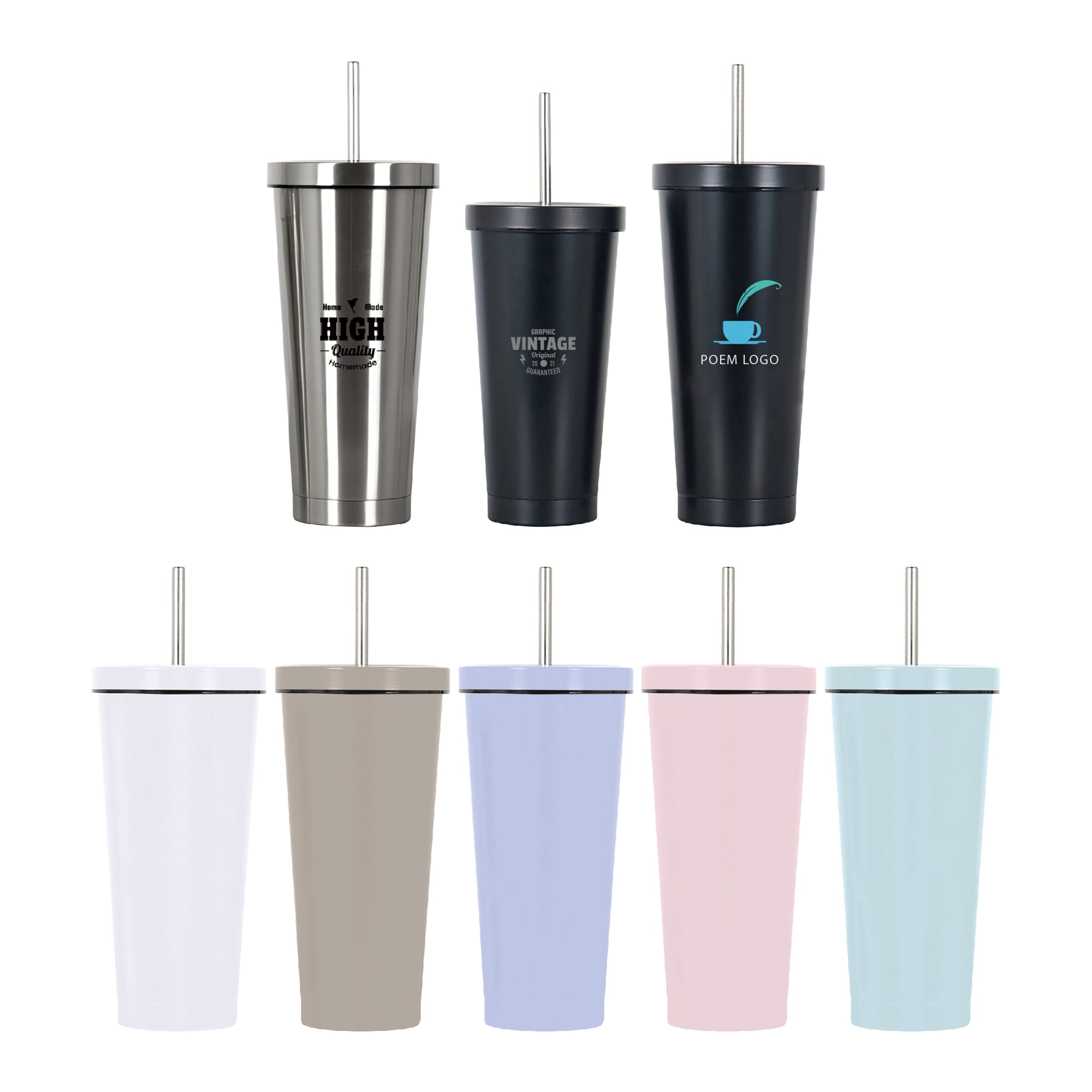 A drink bottle collection featuring double wall stainless steel tumblers in various colours with straws and logos. 480ML/650ML Double Wall Stainless Steel Tumbler with Straw - Image 1