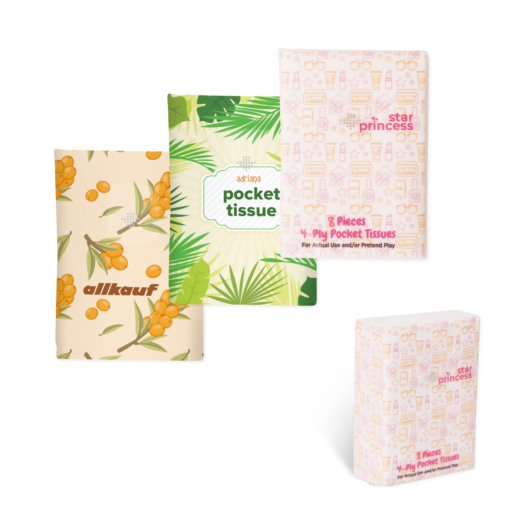 A collection of pocket tissue packs featuring various designs, including floral and tropical patterns in multiple colours. Pocket Tissues - Image 1
