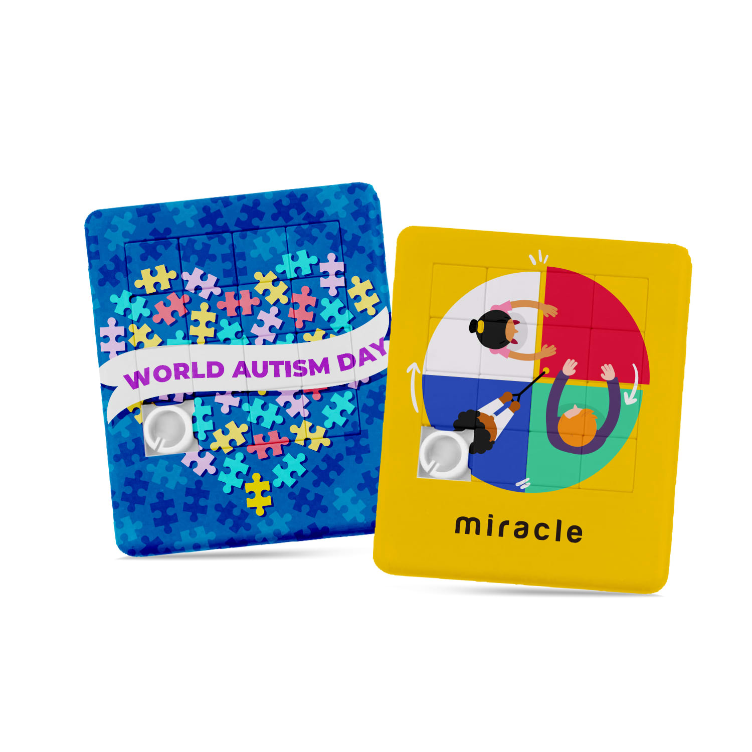 A vibrant sliding puzzle featuring colourful puzzle pieces and illustrations related to World Autism Day, with a branding logo. Sliding Puzzle - Image 1