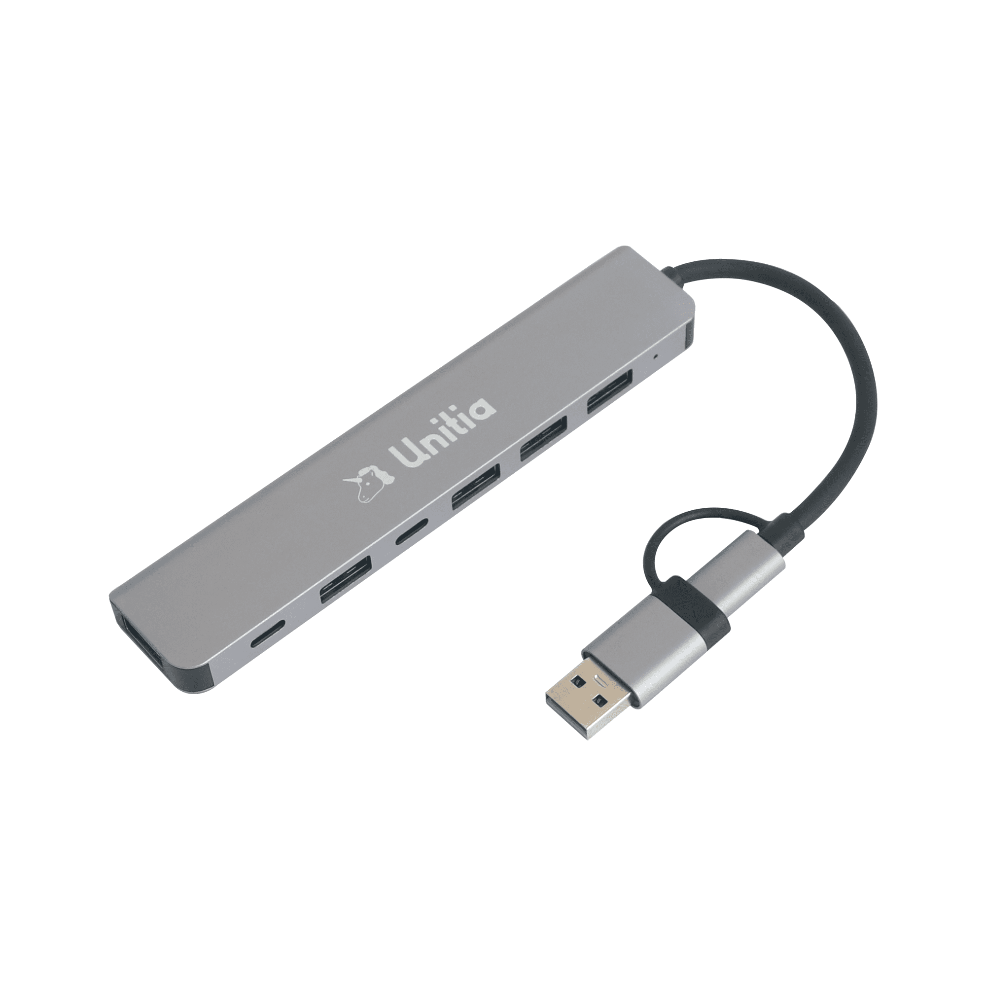 A silver 7-in-1 USB hub with multiple ports and a connected USB cable. It features a logo. 7 in 1 USB Hub - Image 1