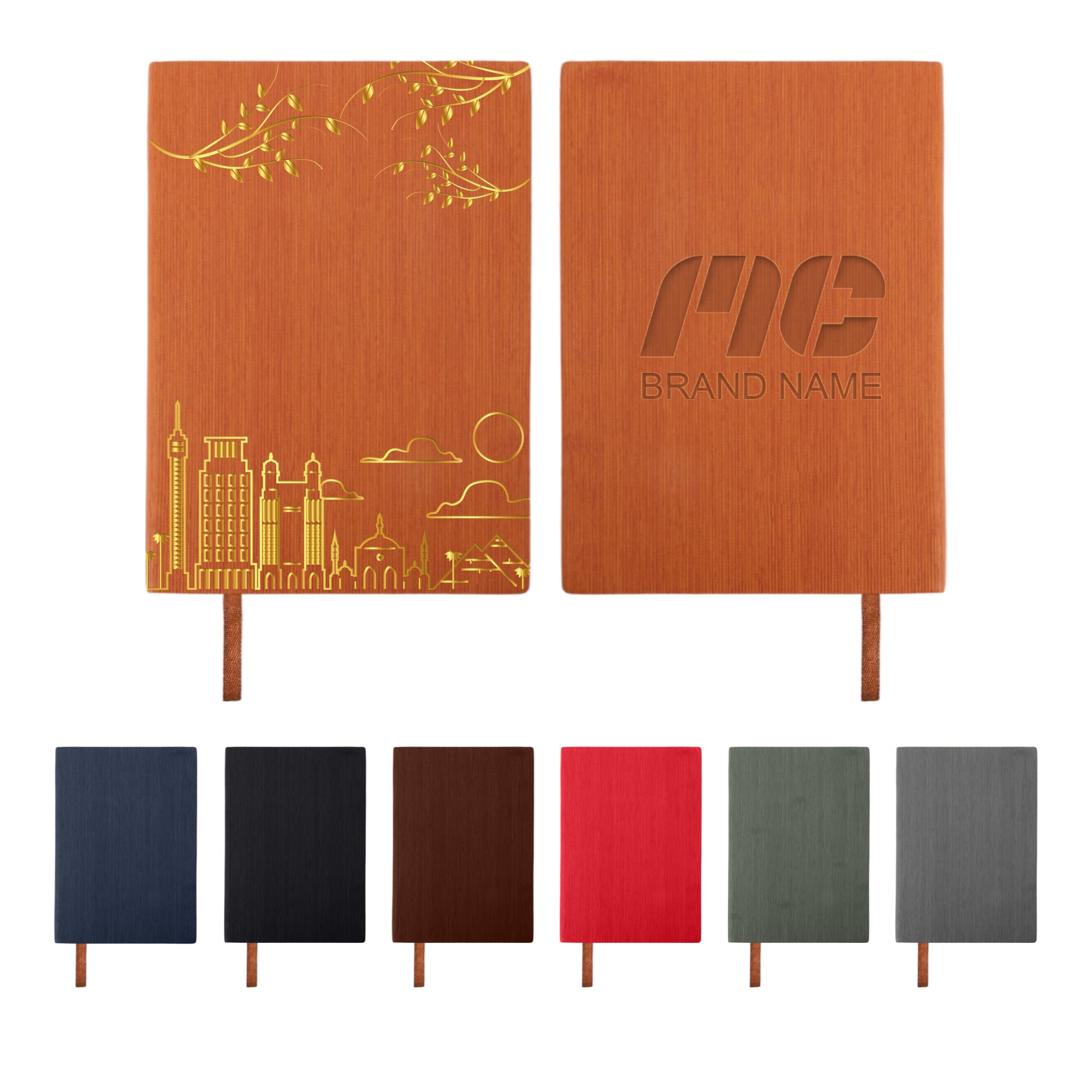 A5 PU leather notebook featuring a range of colours, with decorative designs and a logo on the cover. A5 PU Leather Notebook - Image 1