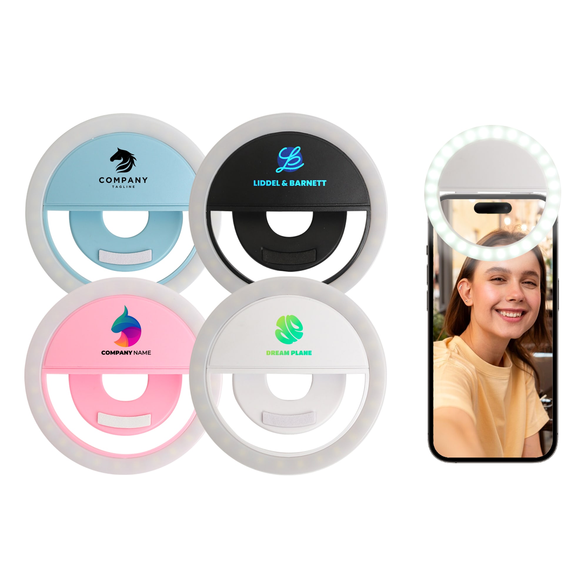 A set of four ring selfie lights in pink, blue, black, and white, along with a smartphone displaying one in use. Ring Selfie Light - Image 1