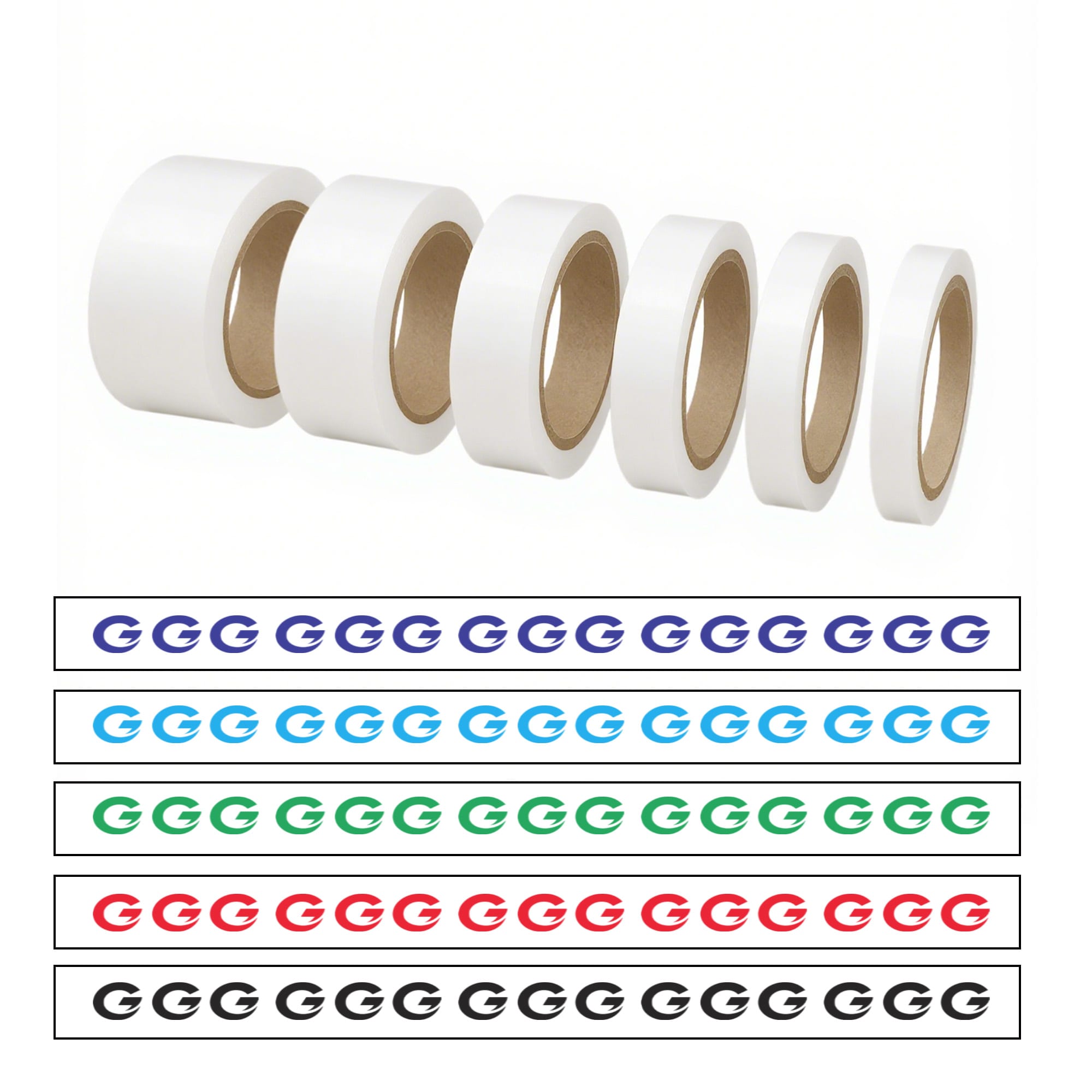 Five rolls of white BOPP packaging tape in varying sizes, displayed above a series of colourful branded tape. BOPP White Packaging Tape - Image 1