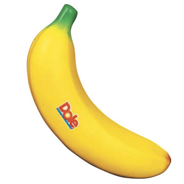 A yellow banana-shaped stress reliever with a green top and a logo on the side. Banana Shape Stress Reliever - Image 1