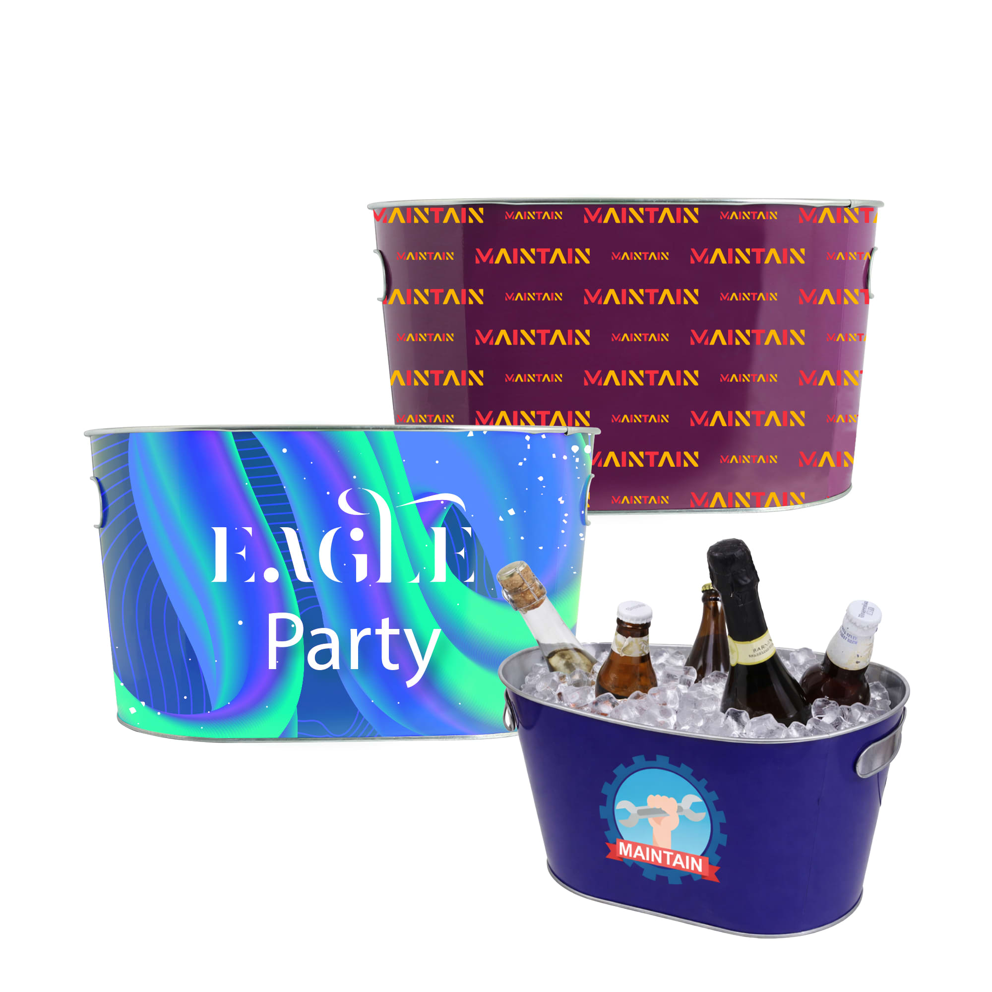 A set of three oval ice buckets in varying designs and colours, featuring one with a logo. Oval Ice Bucket - Image 1
