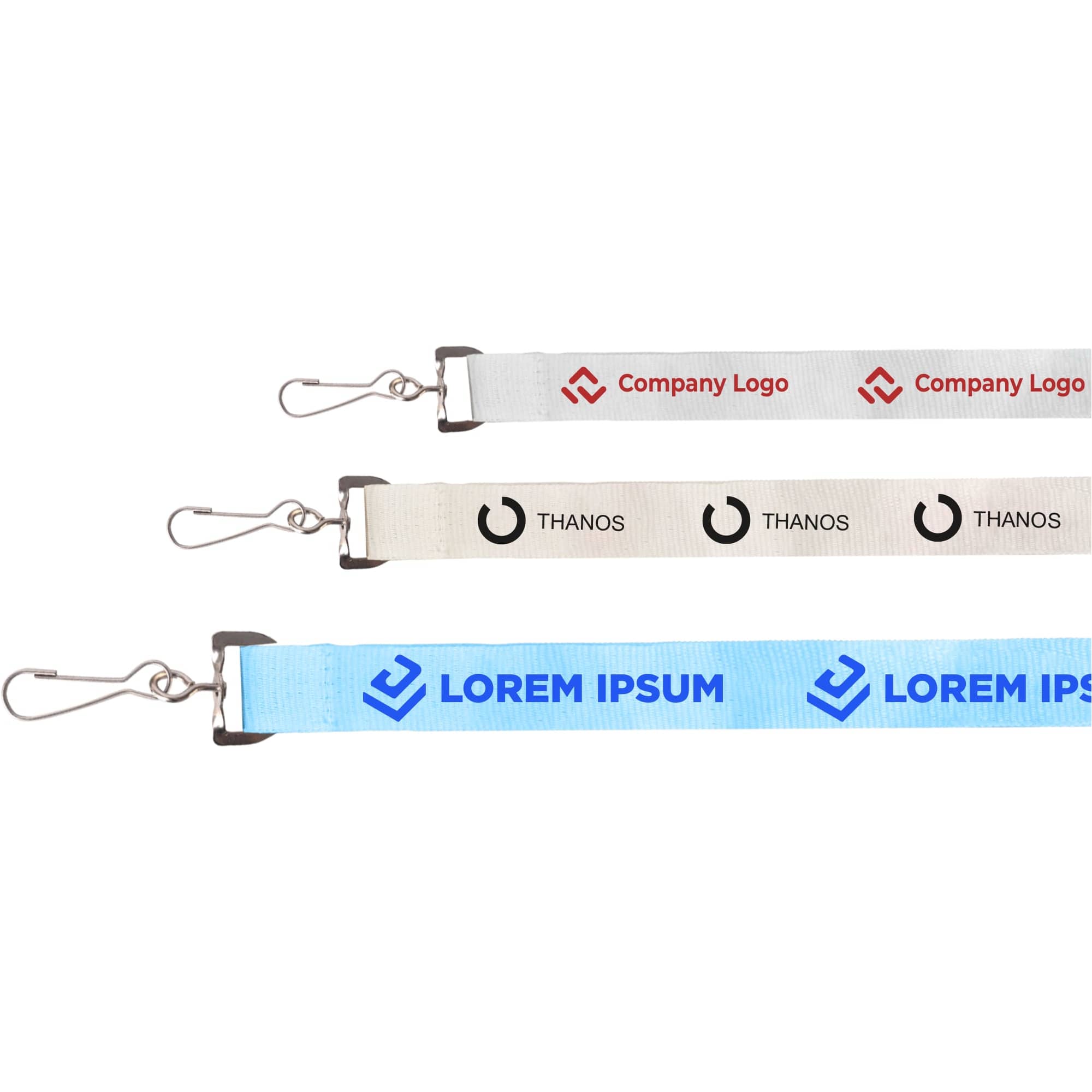 A set of three lanyards in white, light blue, and red, featuring various logos and clips for attachment. Paper Yarn Lanyard - Image 1