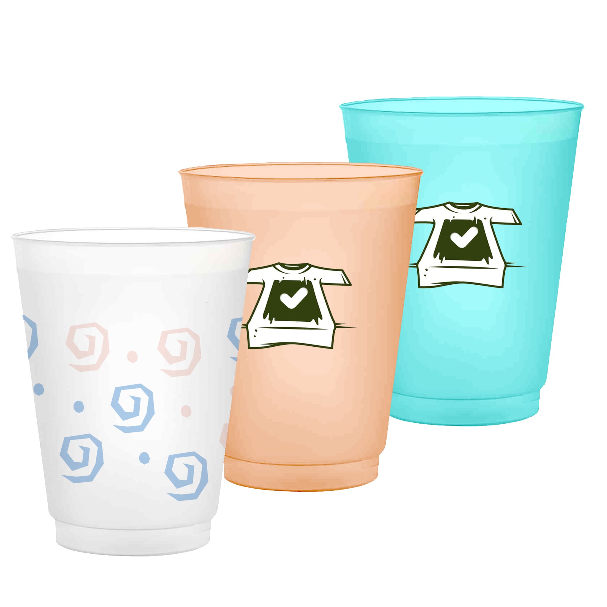 Three frosted plastic stadium cups in white, peach, and turquoise, featuring various designs and a logo. 473ml Frosted Stadium Cup - Image 1
