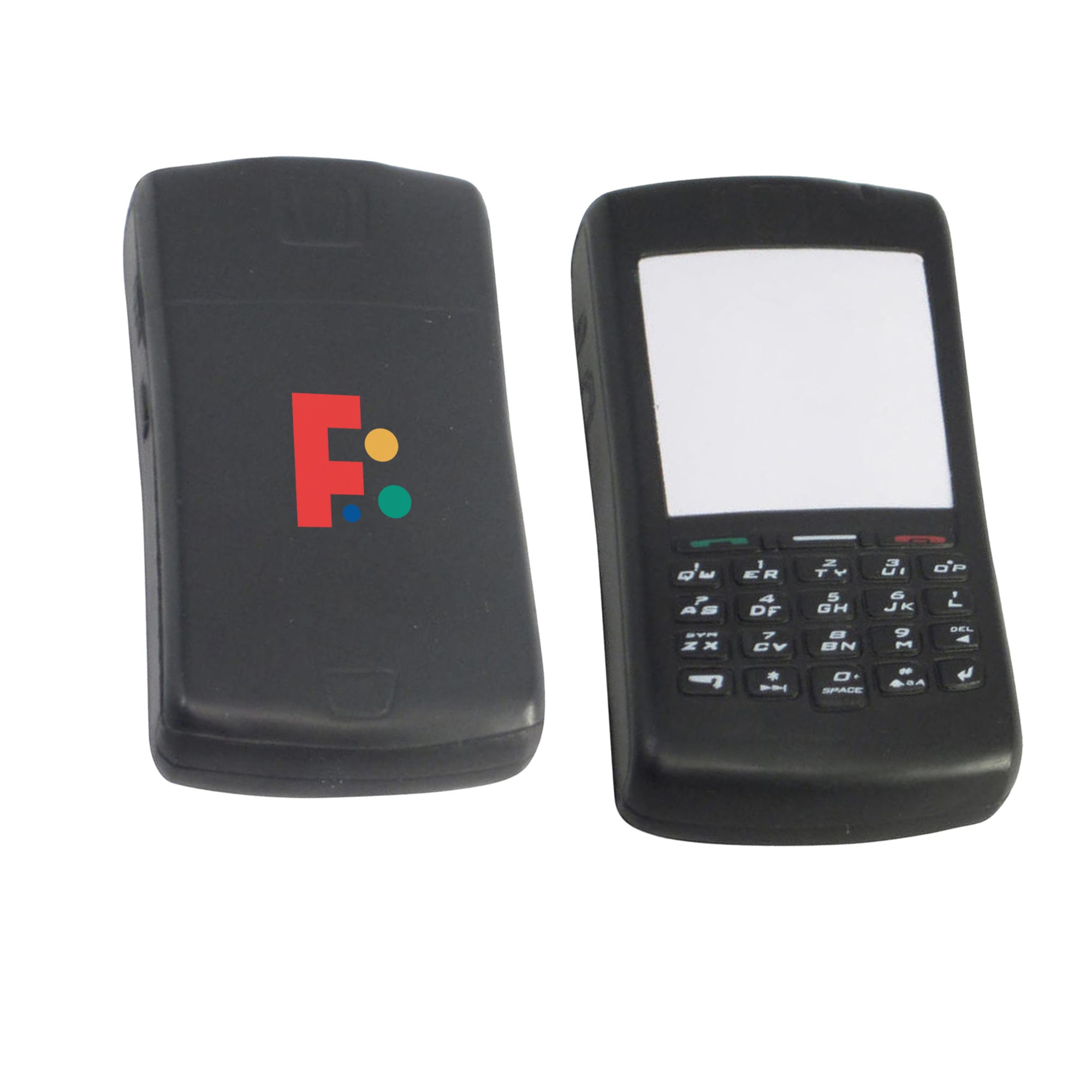 A black mobile phone-shaped stress reliever featuring a logo, designed for stress relief and fun. Moblie Phone Shape Stress Reliever - Image 1