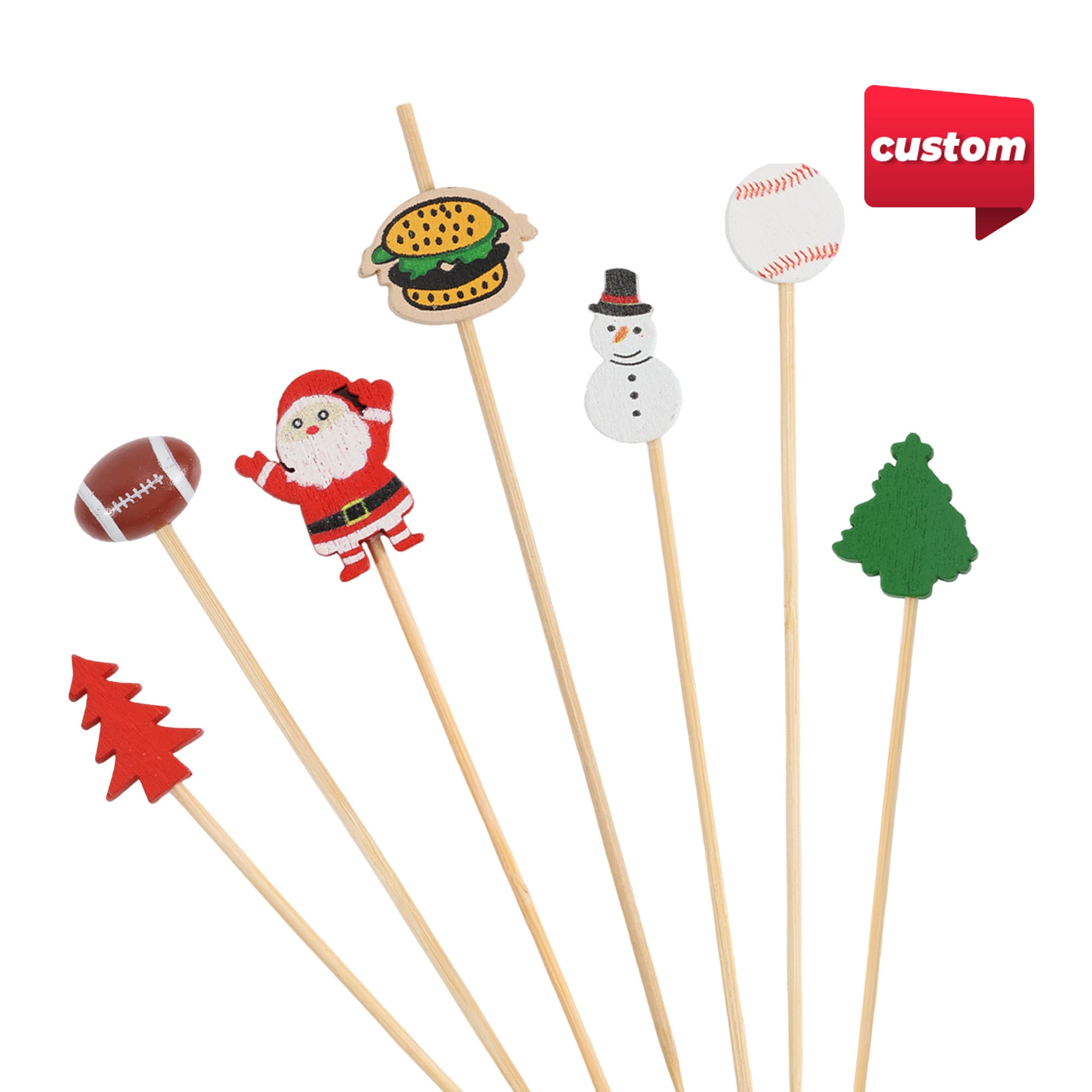 A pack of 100 bamboo skewers featuring various colourful decorative toppers, including seasonal and festive designs. Pack of 100 Custom Cocktail Bamboo Skewers - Image 1