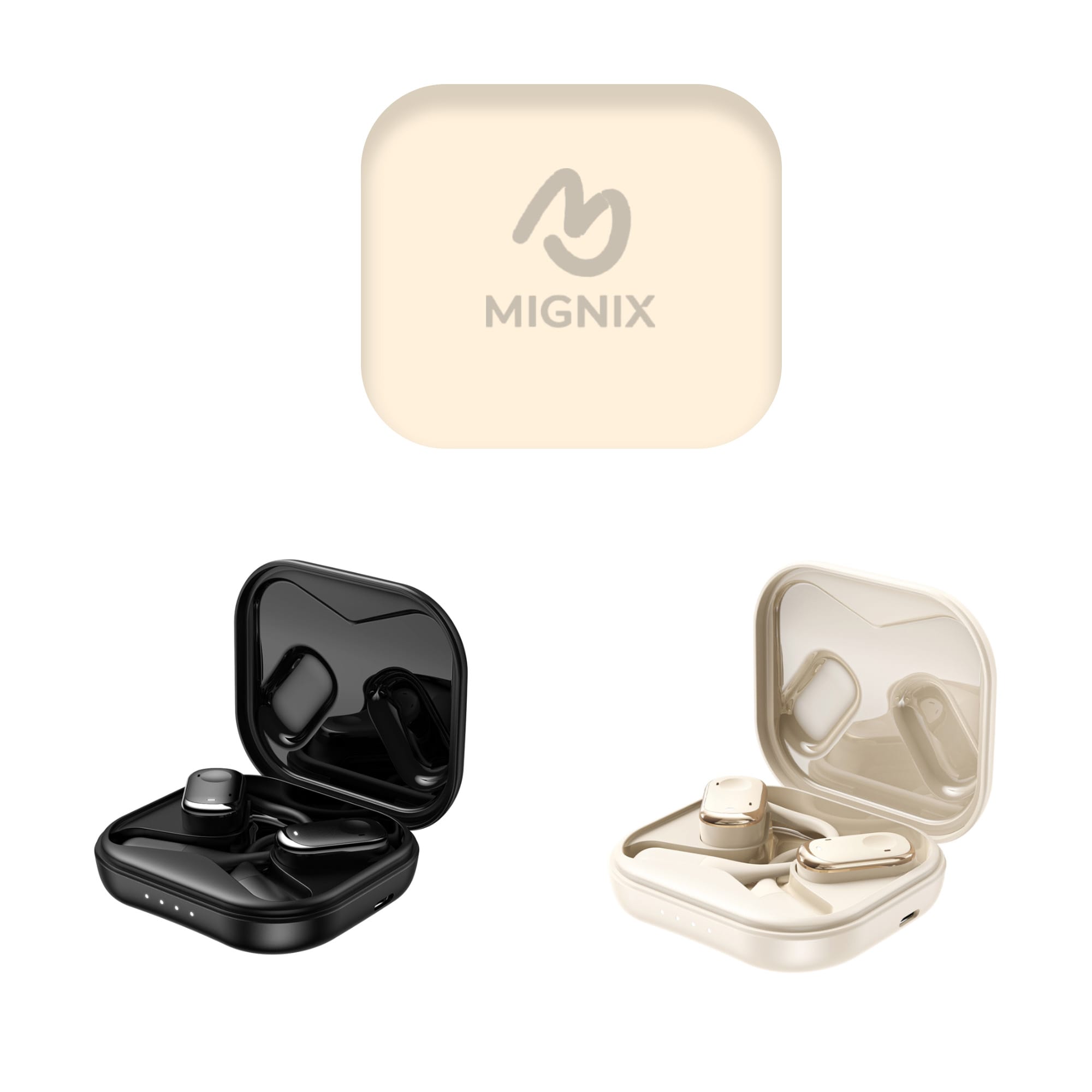 Open-ear headphones in black and cream cases, with a logo on the cream case, displayed together. Open-Ear Headphones - Image 1