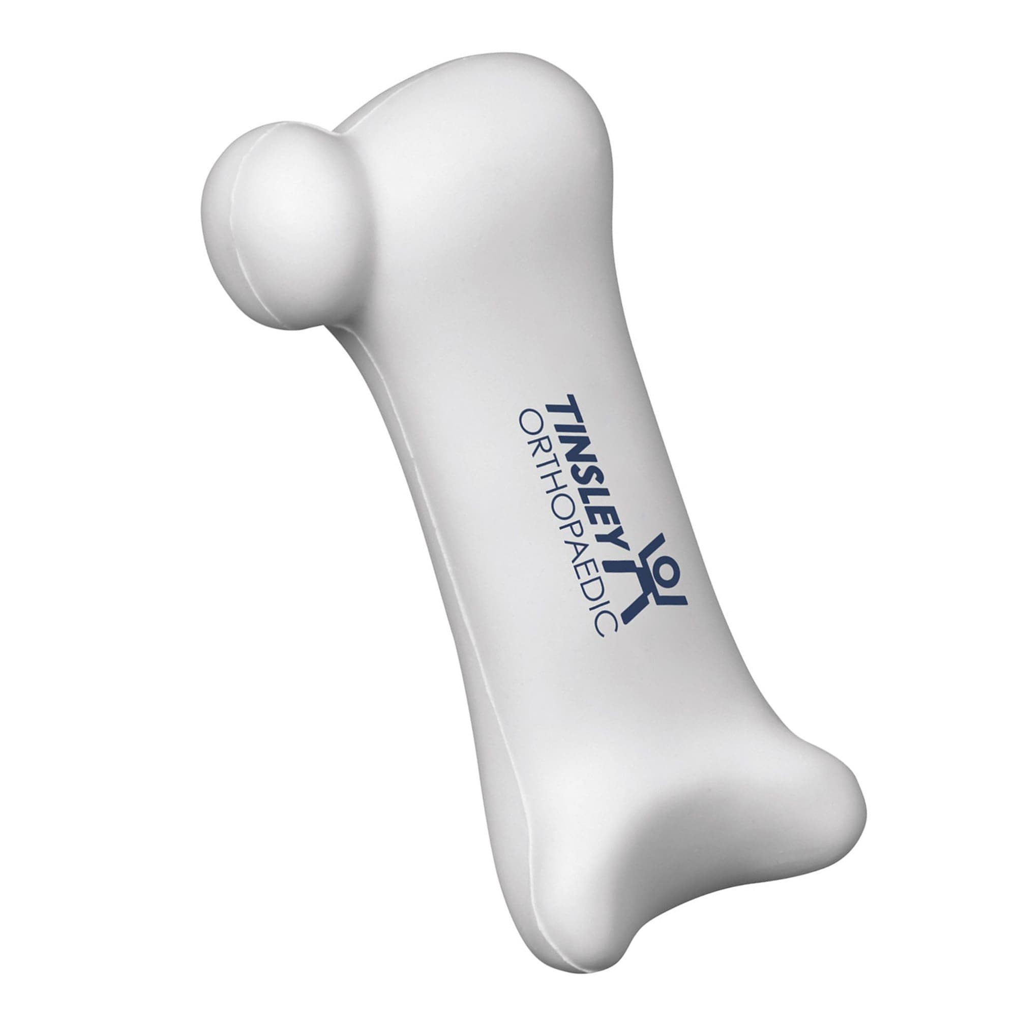 A white stress reliever shaped like a human bone, featuring a logo. Human Bones Shape Stress Reliever - Image 1