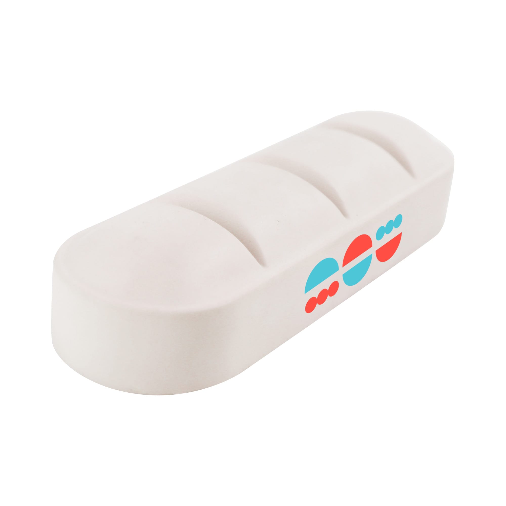 A white large tablet-shaped stress reliever with a simple design and colourful logo. Large Tablet Shape Stress Reliever - Image 1
