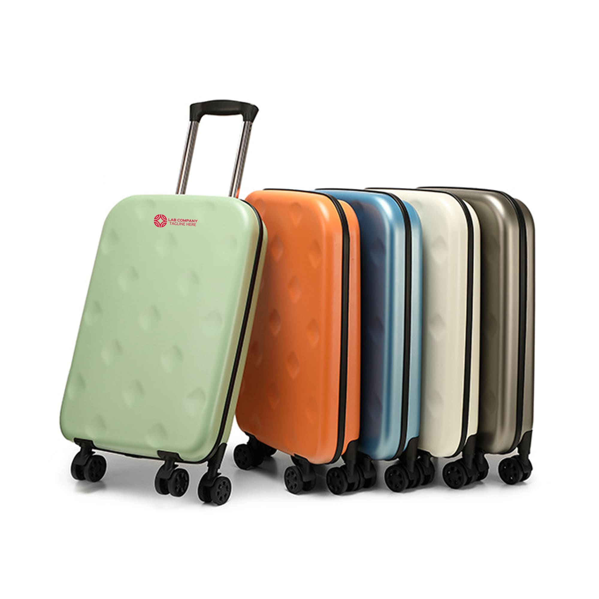 A set of collapsible suitcases in green, orange, blue, cream, and grey, featuring wheels and a handle. Each suitcase has a logo. Collapsible Suitcase - Image 1