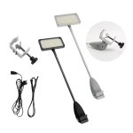 Two inclined display lights in black and grey, with clamps and cables included for setup.