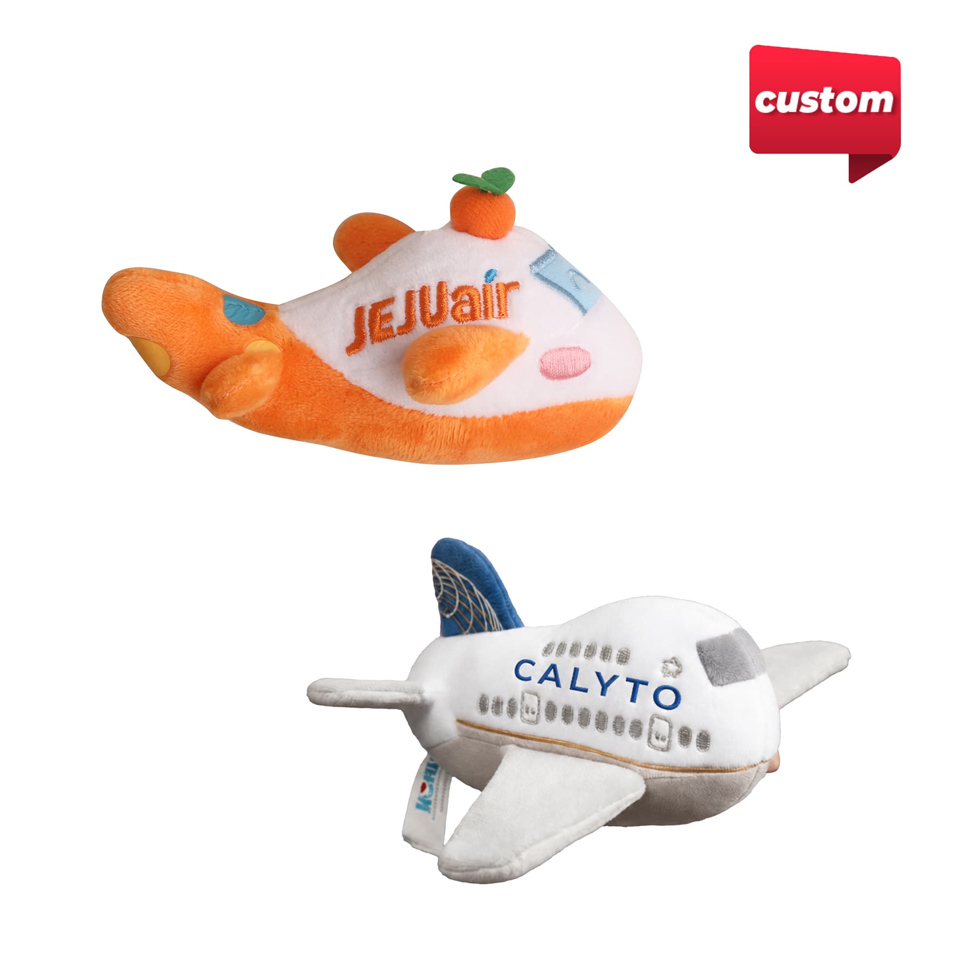 Two custom plush airplane toys, one in orange and white with a citrus accent, the other in white and blue, featuring different designs. Custom Airplane Plush Toy - Image 1