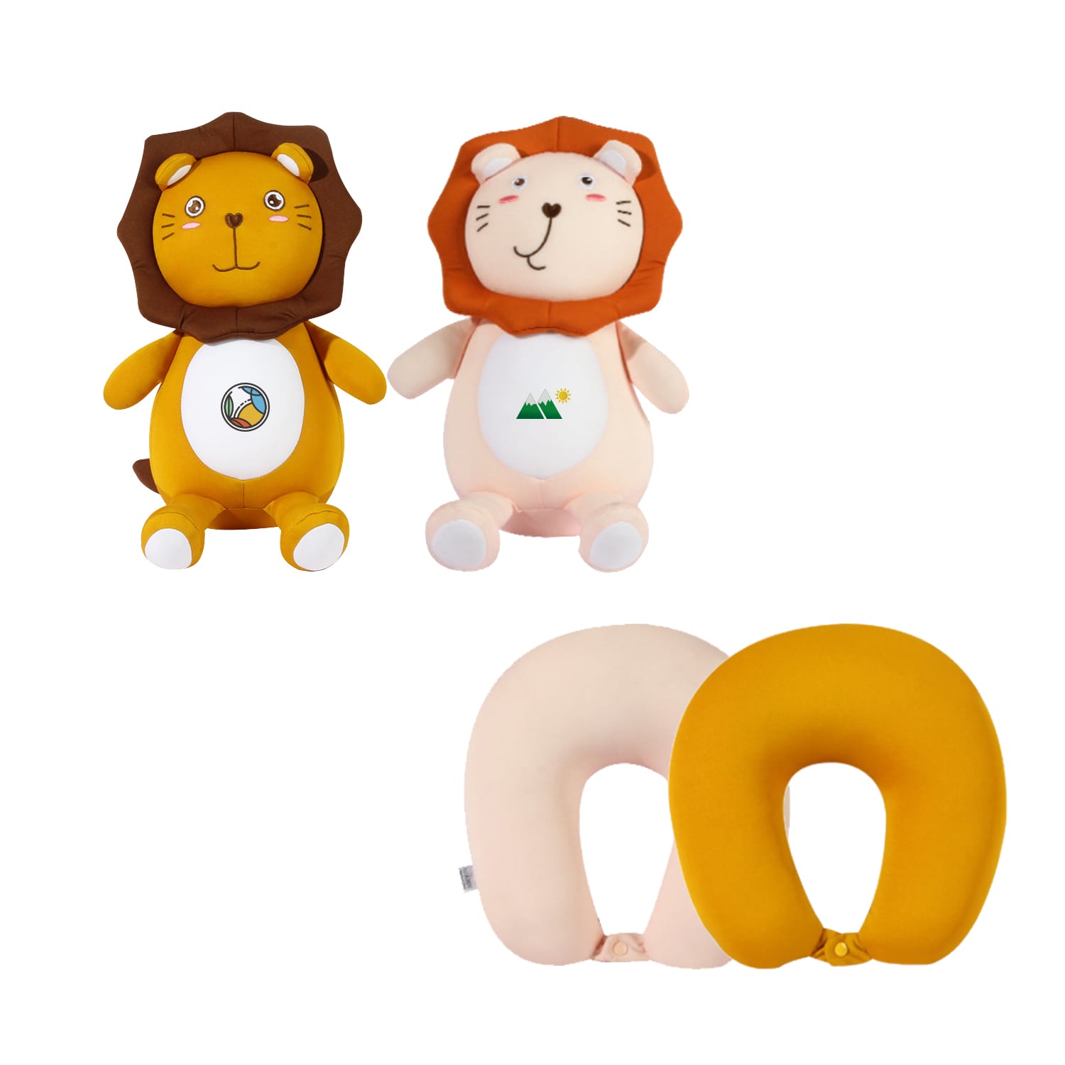 Lion-shaped 2-in-1 travel pillow features plush toys in yellow and beige with playful designs and a logo. Lion Shaped 2 In 1 Travel Pillow - Image 1