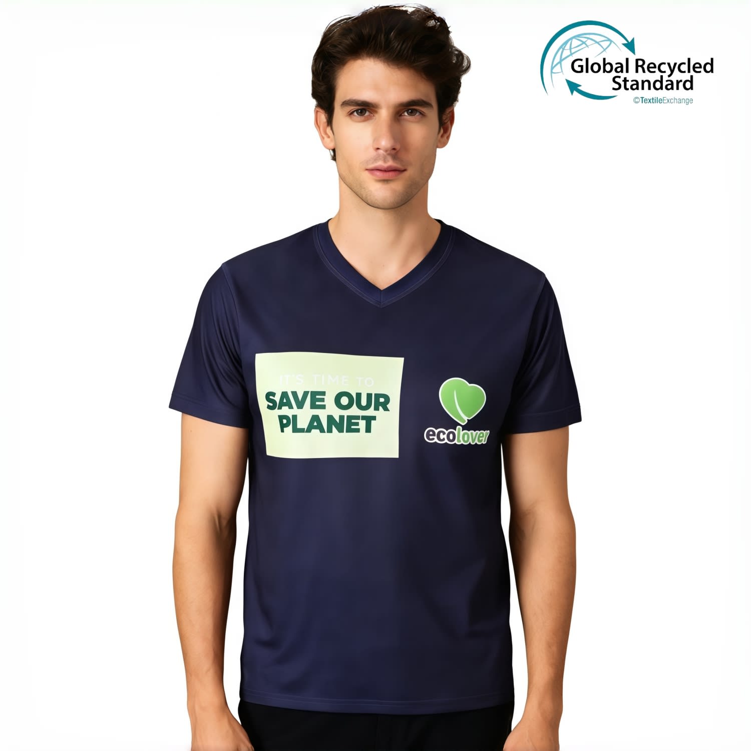 A unisex navy V-collar T-shirt featuring eco-friendly branding and logos. Made from recycled materials. Unisex Adults RPET Sublimated V-collar Tee Shirt - Image 1