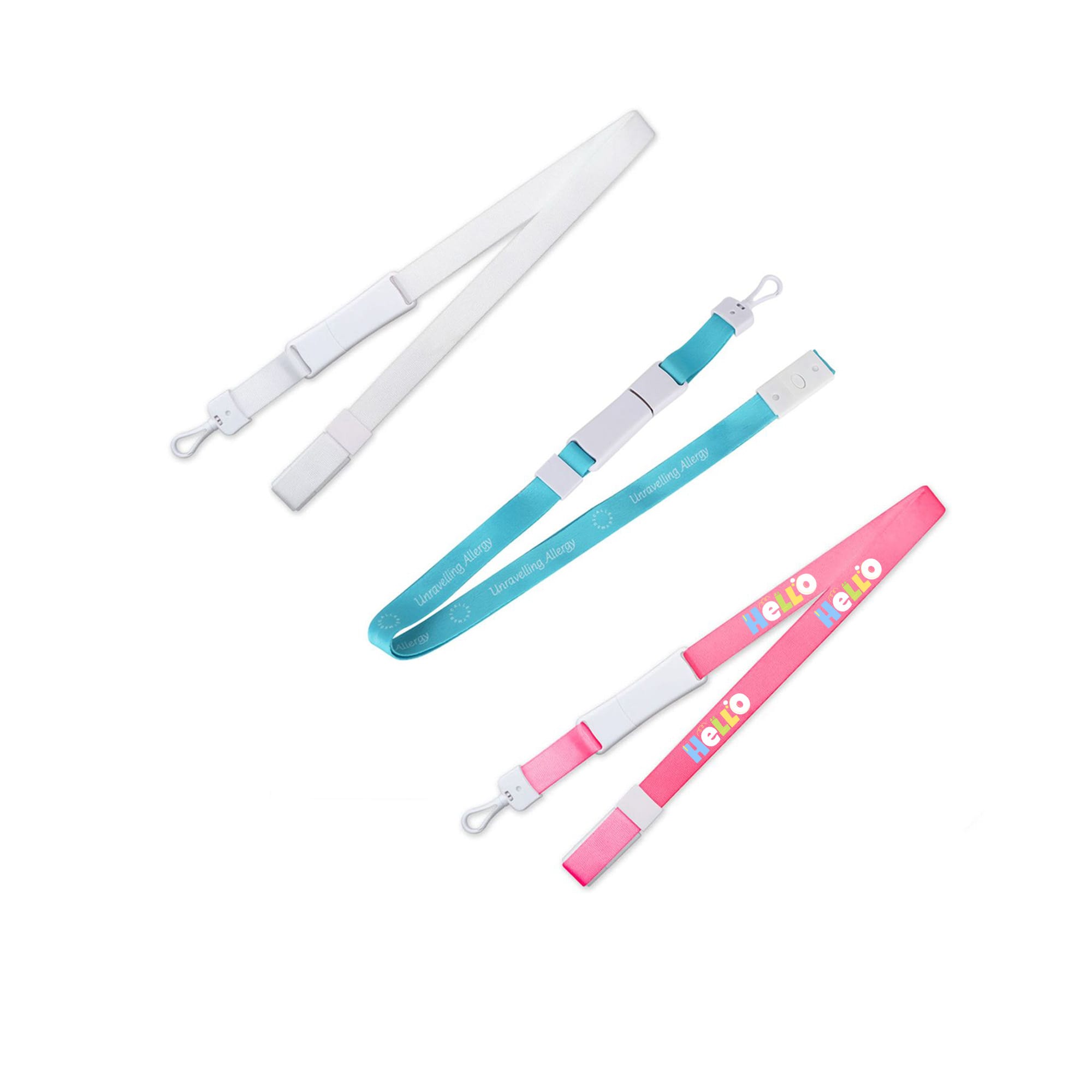Three lanyards in white, teal, and pink colours, featuring clips and branded designs. Magnetic Clip Lanyards Flash Drive - Image 1