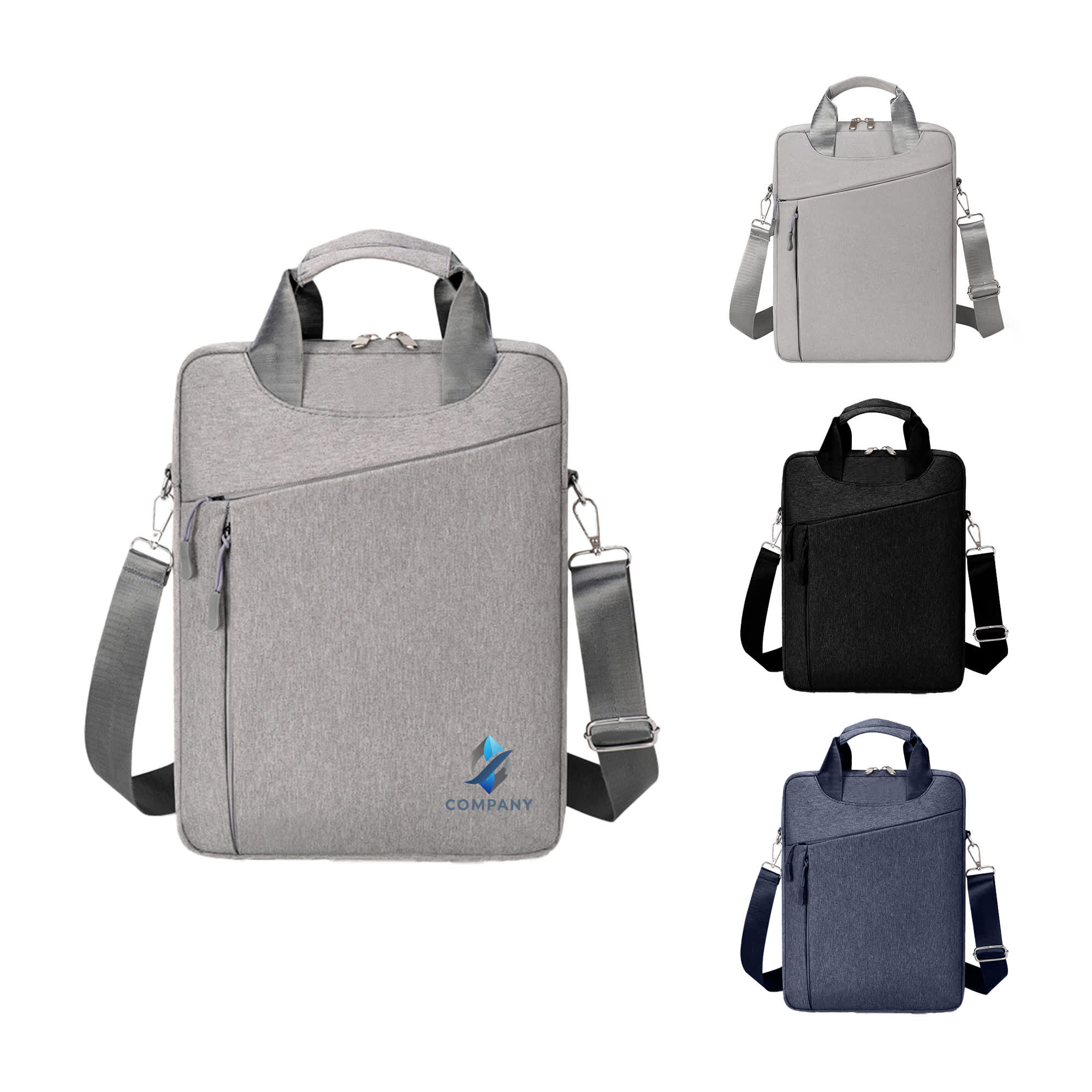 A collection of Business Sling Laptop Bags in grey, black, and navy blue with adjustable straps and logos. Business Sling Laptop Bag - Image 1