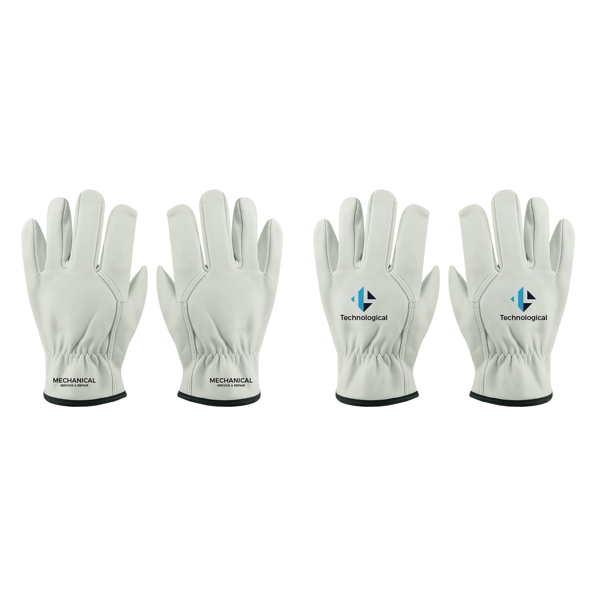 Leather work gloves in light grey with a logo, featuring a fitted wrist design and four-finger style. Leather Work Gloves - Image 1