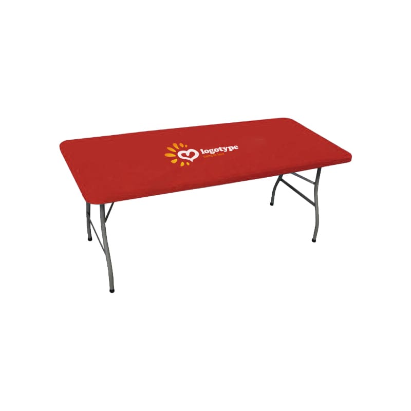 A red rectangle table topper for a 4ft table, featuring a logo in the centre. The table has folding metal legs. Rectangle Table Topper * 4ft - Image 1