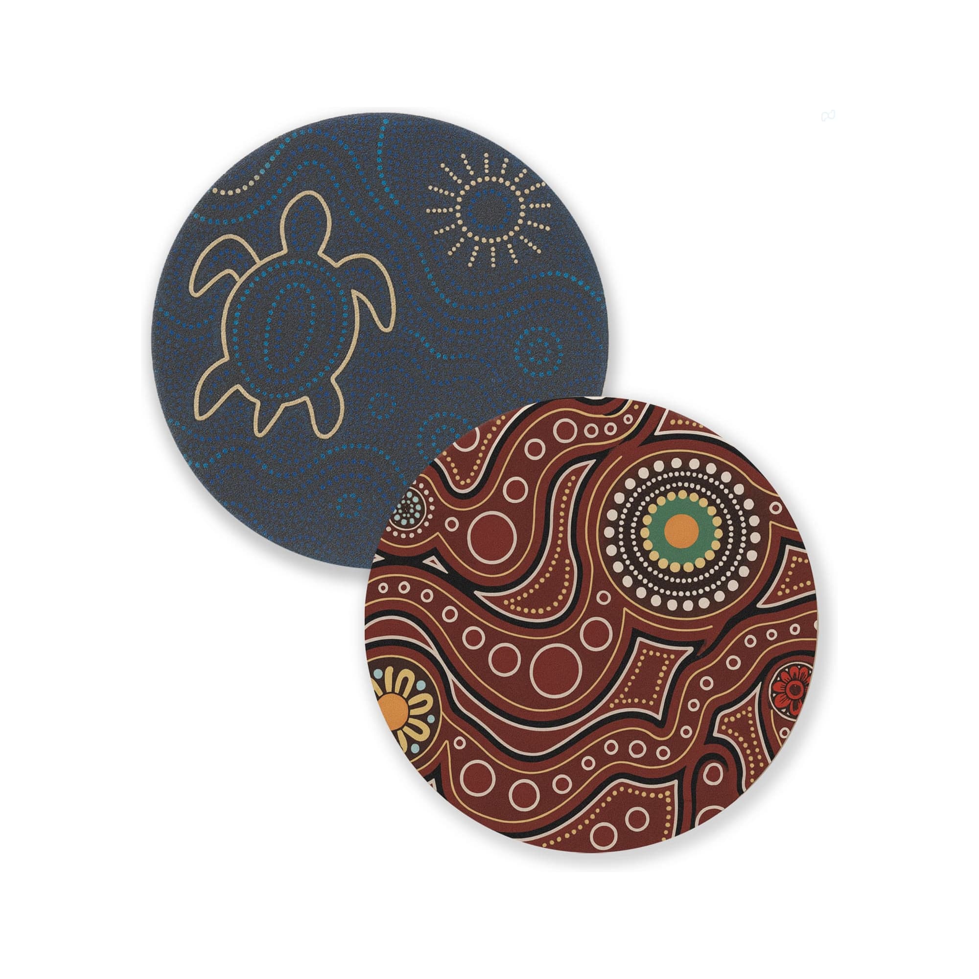 Two round soft diatomaceous coasters featuring Aboriginal-inspired designs in dark blue and reddish-brown colours. Round Soft Diatomaceous Coaster - Image 1