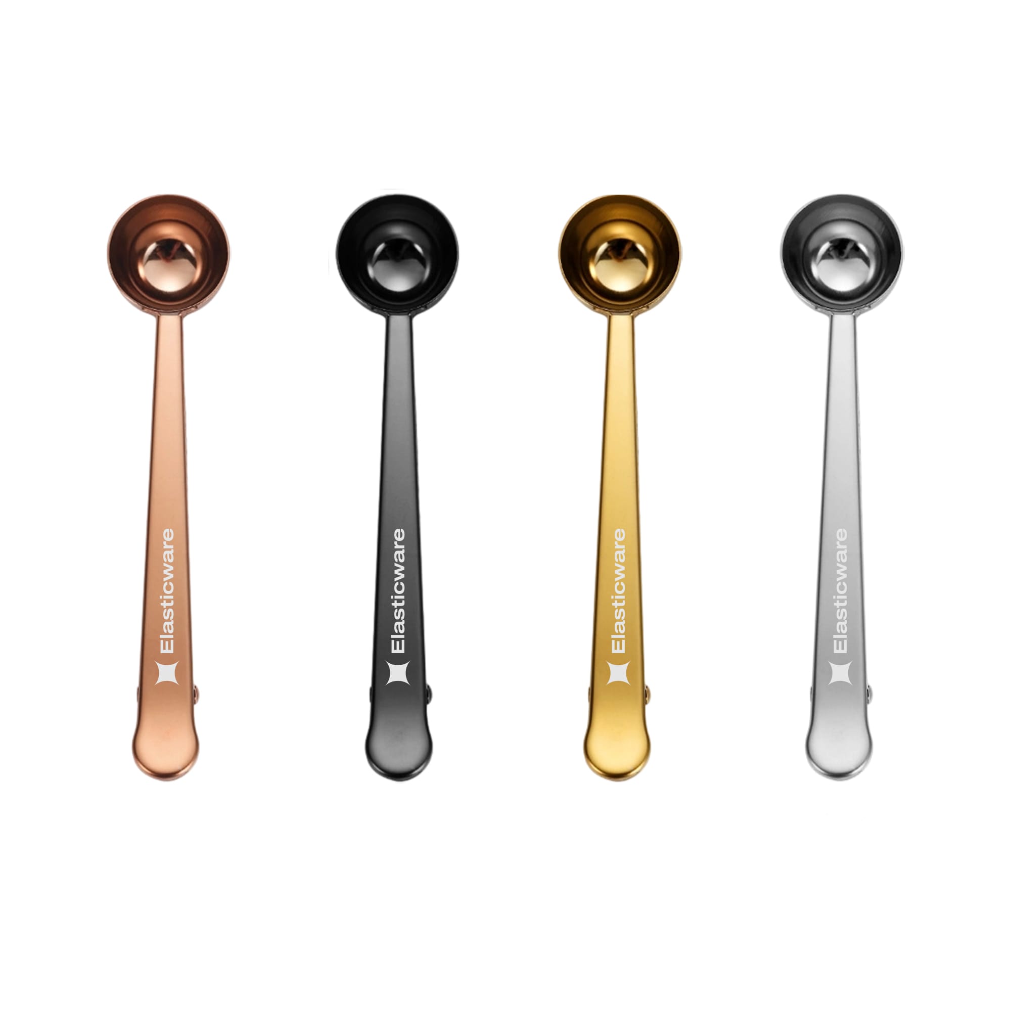 Coffee measuring spoons in copper, black, gold, and silver, with clips and a logo on the handles. Coffee Measuring Spoon With Clip - Image 1
