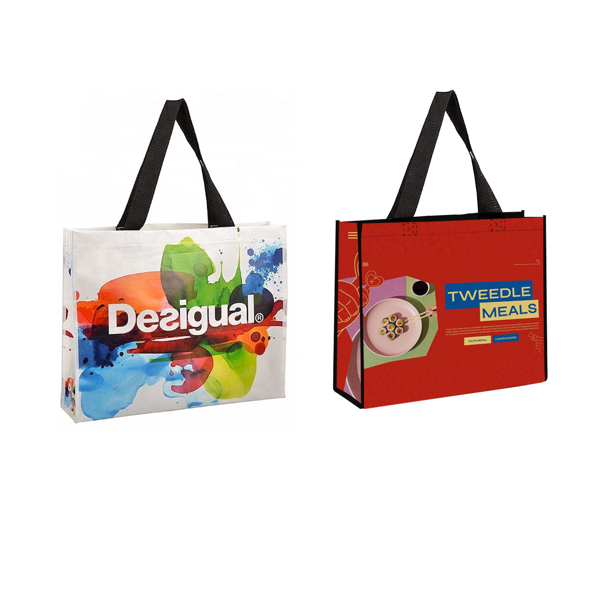 Two laminated non-woven trade show bags in colourful designs, one featuring abstract art and the other with food imagery. Full Colour Non Woven Trade Show bag - Image 1