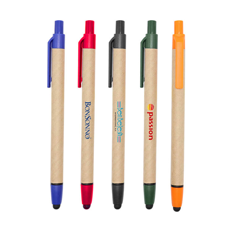 A set of five stylus pens with touch heads, featuring blue, red, black, green, and orange accents on a kraft paper body. Press Paper Pen with Touch Head - Image 1