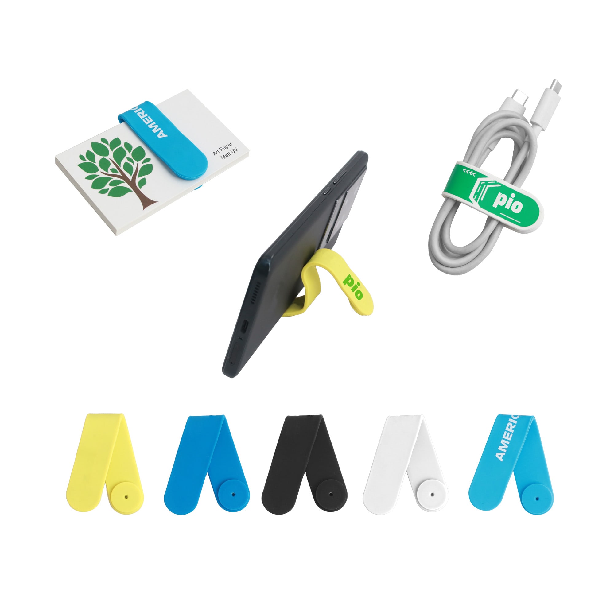 A silicone magnetic clip in various colours: yellow, black, blue, white, and green, featuring a logo. Silicone Magnetic Clip - Image 1