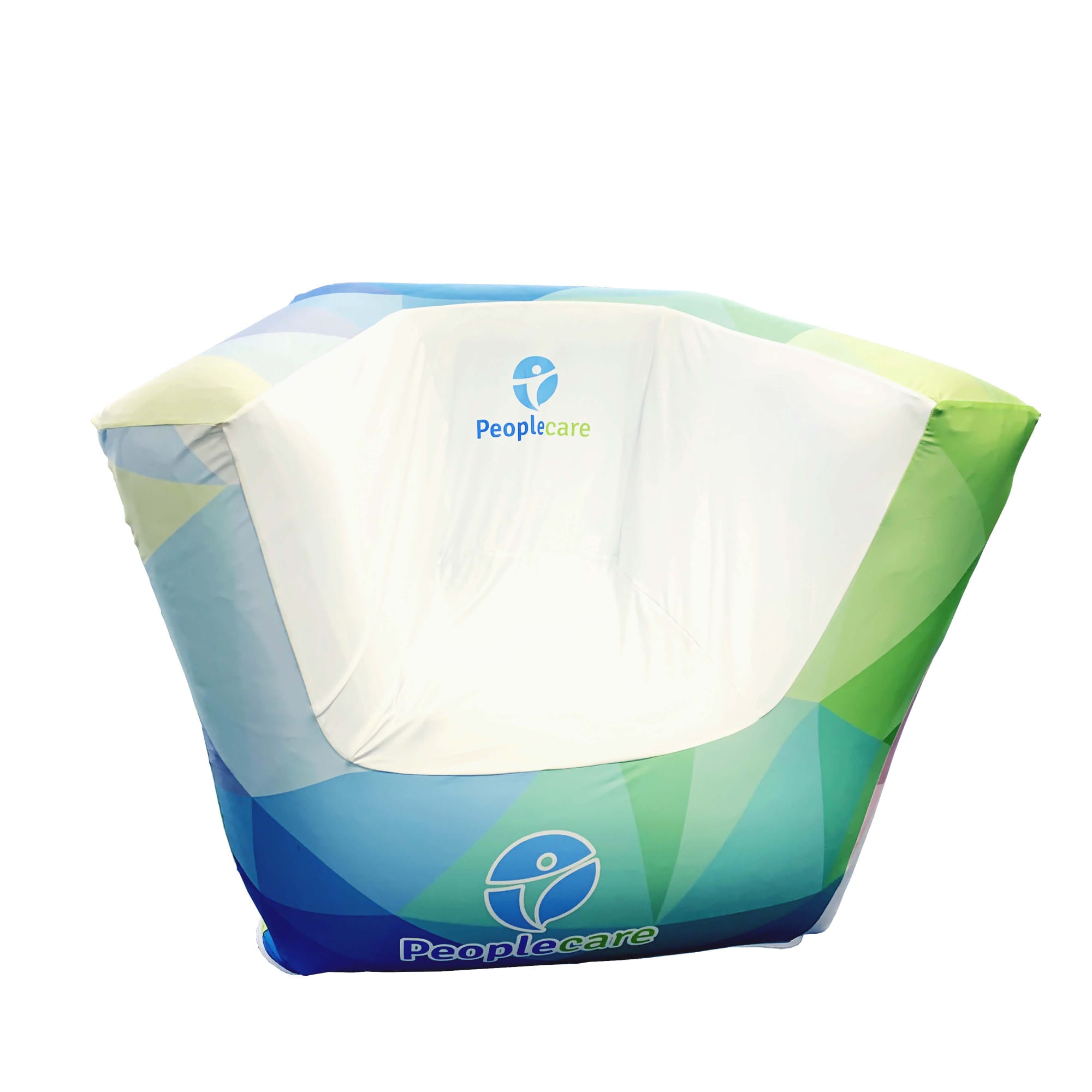 An inflatable one-seat sofa in blue and green with a white interior and a logo printed on it. Inflatable One-seat Sofa - Image 1