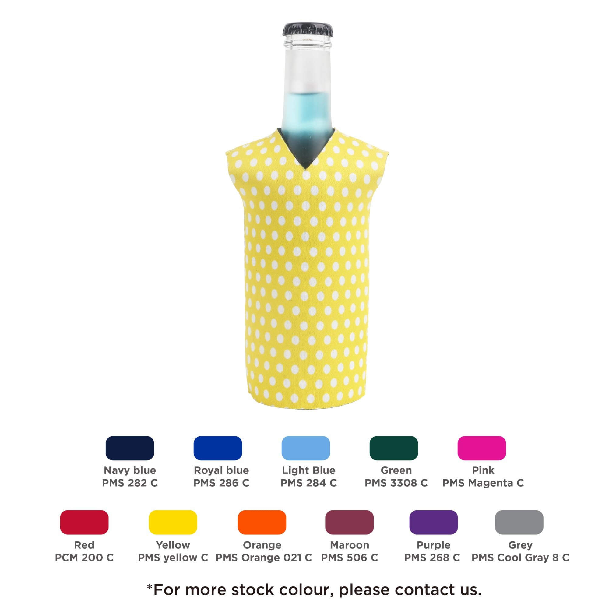 A drink bottle in a yellow polka dot cooler, featuring a V-neck design and displaying various colour options below. Guernsey Bottle Cooler - Image 1