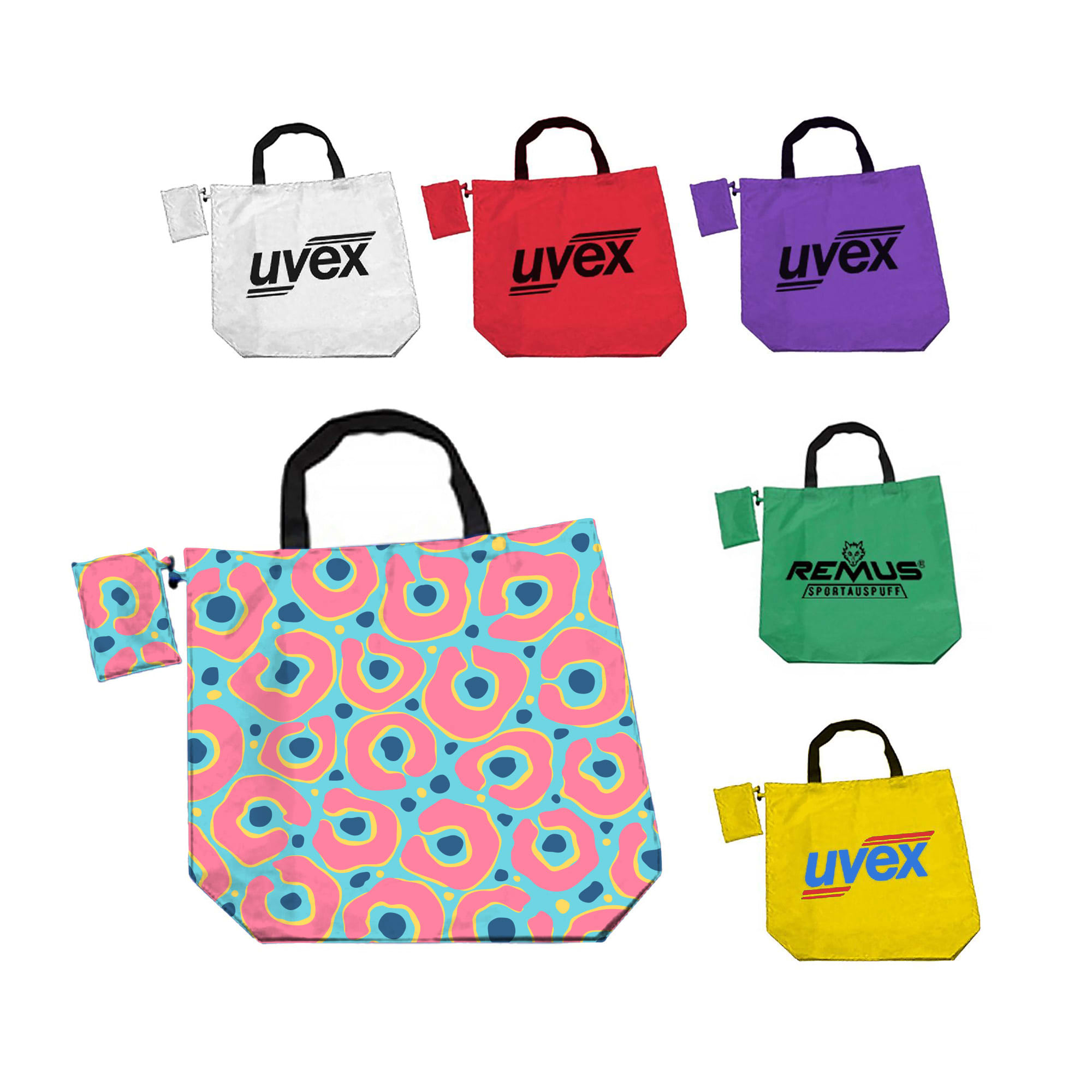 A foldaway shopping bag collection featuring patterns and colours like pink, white, red, purple, and green, with clips. Foldaway Shopping Bag with Clip - Image 1