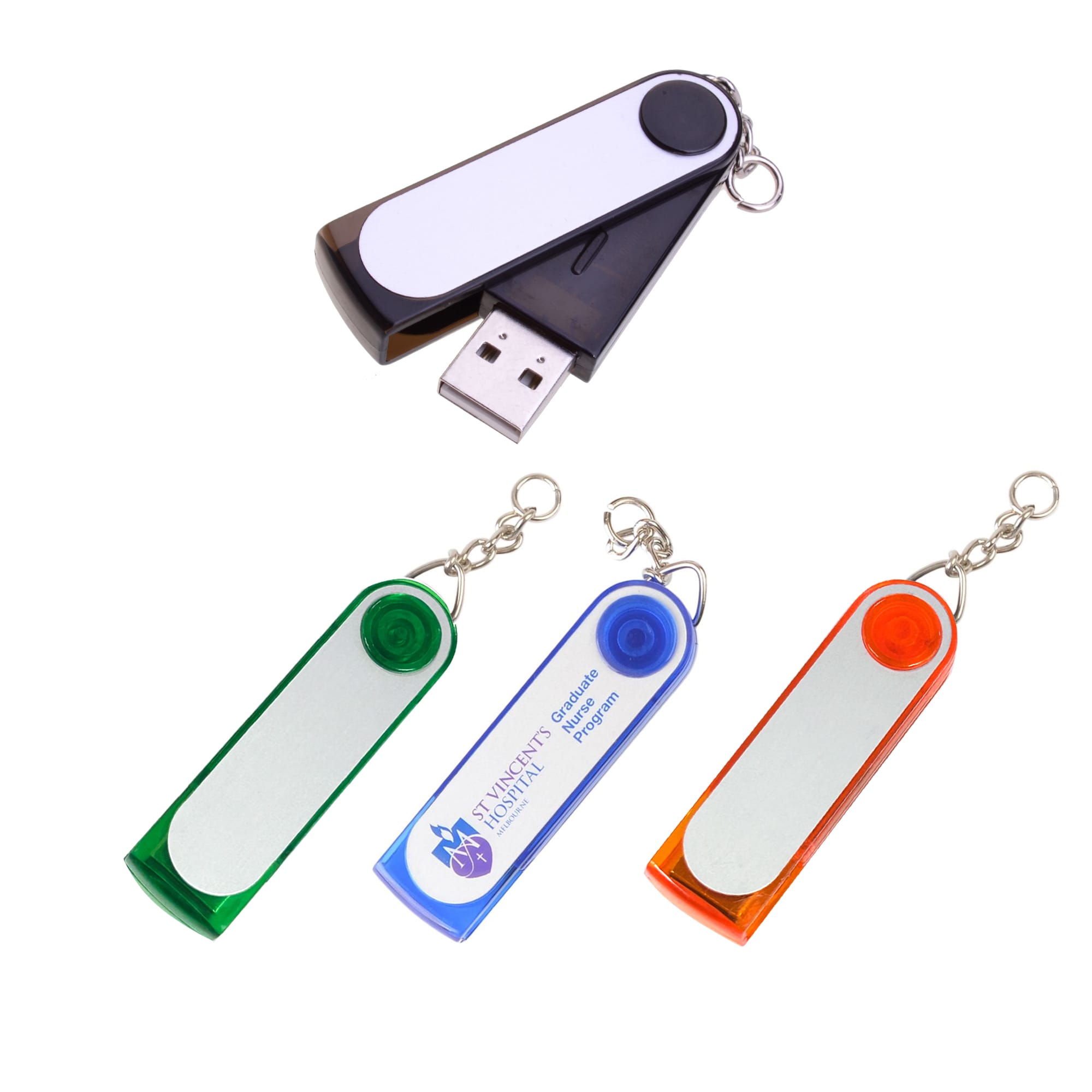 A set of four flash drives in black, green, blue, and orange, each with a keychain attachment and a logo. Festin Flash Drive - Image 1