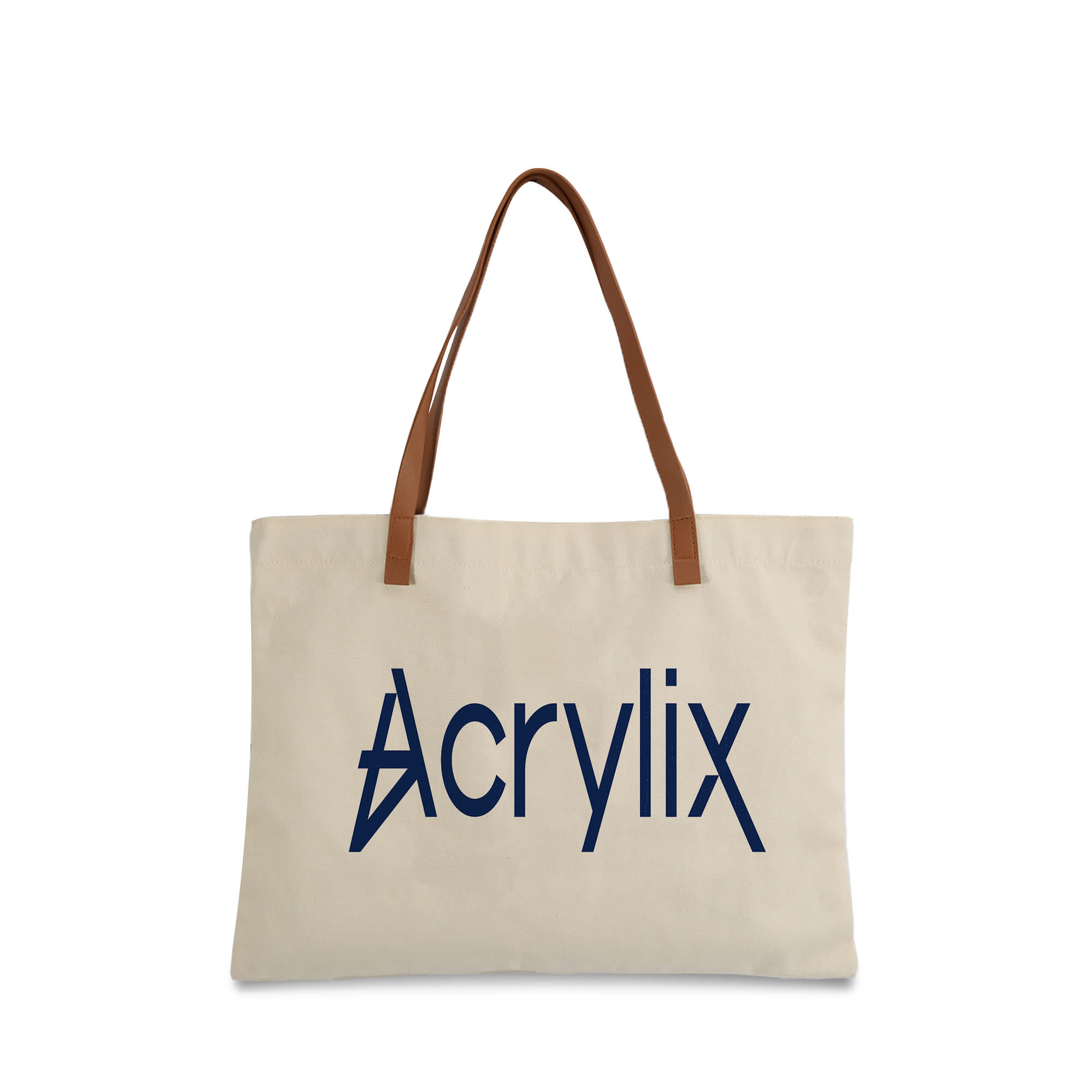 A canvas bag in beige with brown leather straps and a logo in navy blue. Leather Straps Canvas Bag - Image 1