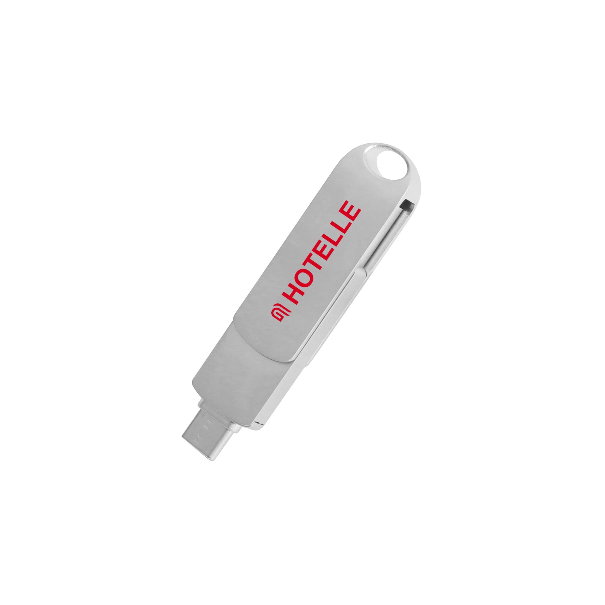 A silver double-end swivel Type C flash drive with a logo, designed for convenient data storage. Double-end Swivel Type C Flash Drive - Image 1