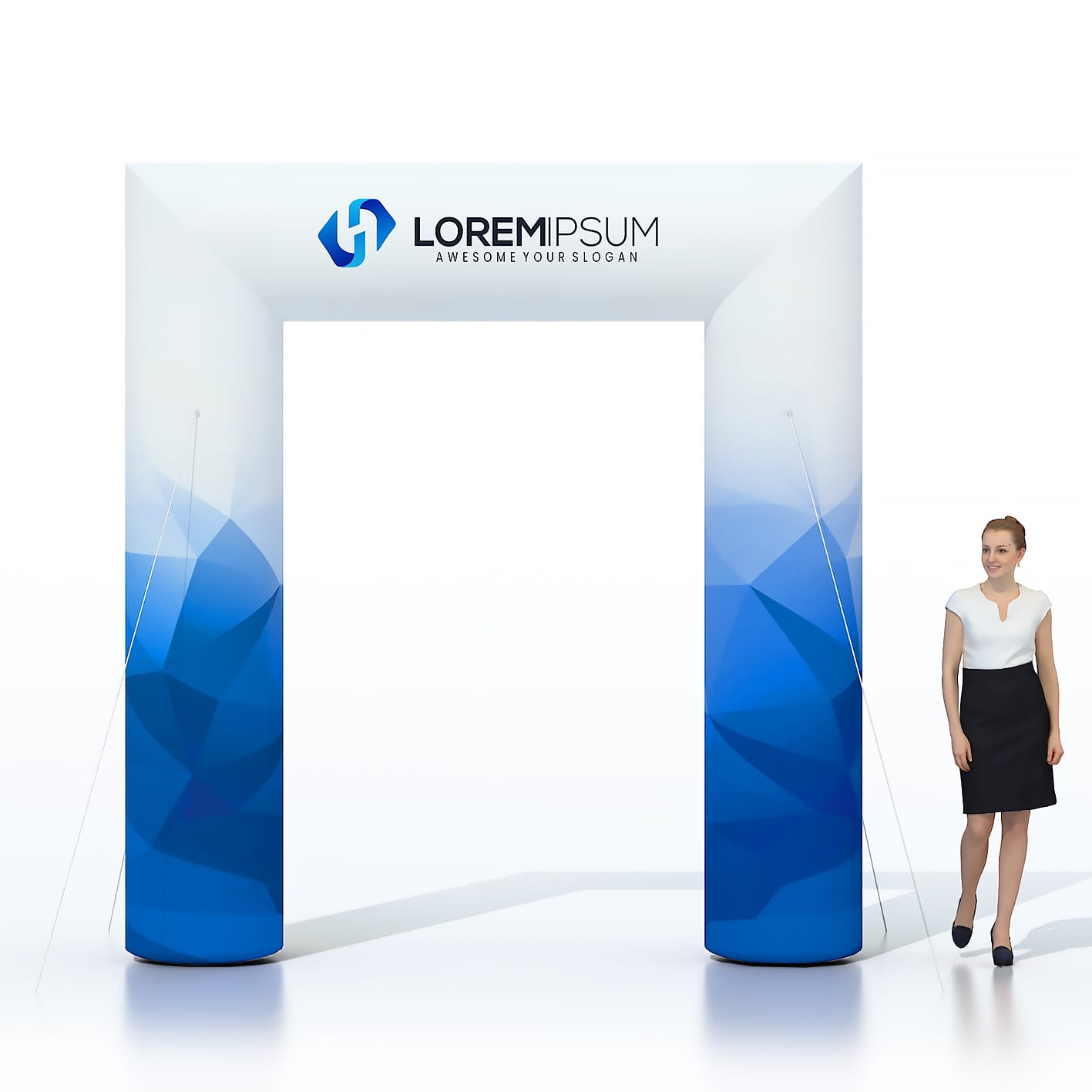 An inflatable event arch in blue with a geometric design and a logo is displayed beside a standing woman. Inflatable Event Arch - Image 1