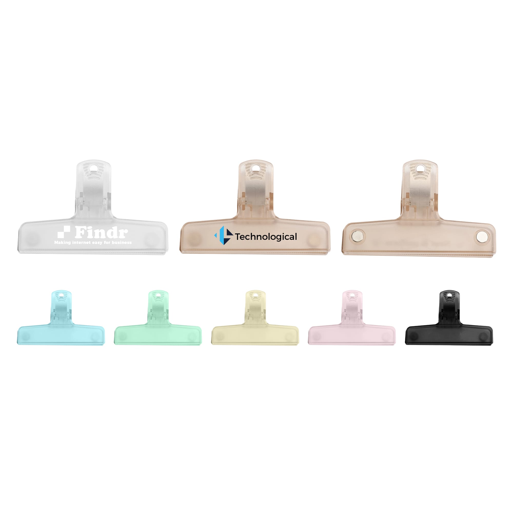 A range of translucent plastic magnetic clips in clear, green, blue, pink, and black with various logos. Translucent Plastic Magnetic Clips - Image 1