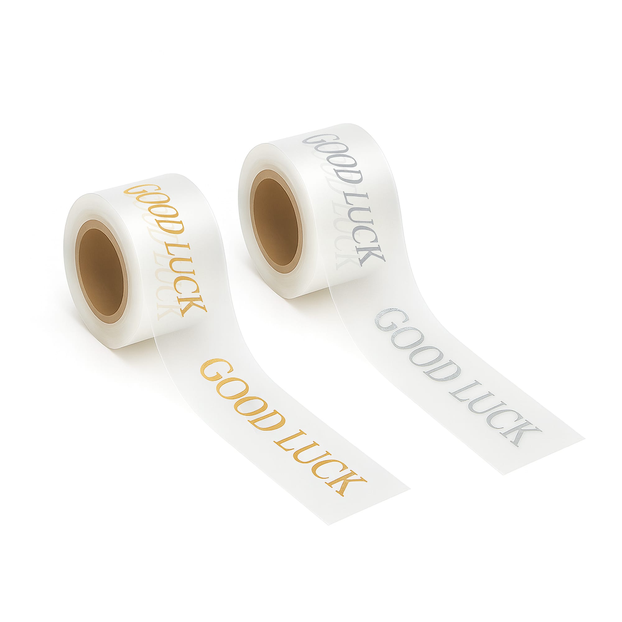 Two rolls of promotional soft ribbon in white, featuring "Good Luck" printed in gold and silver text. 16mm Hot Stamping TPU Soft Ribbon - Image 1
