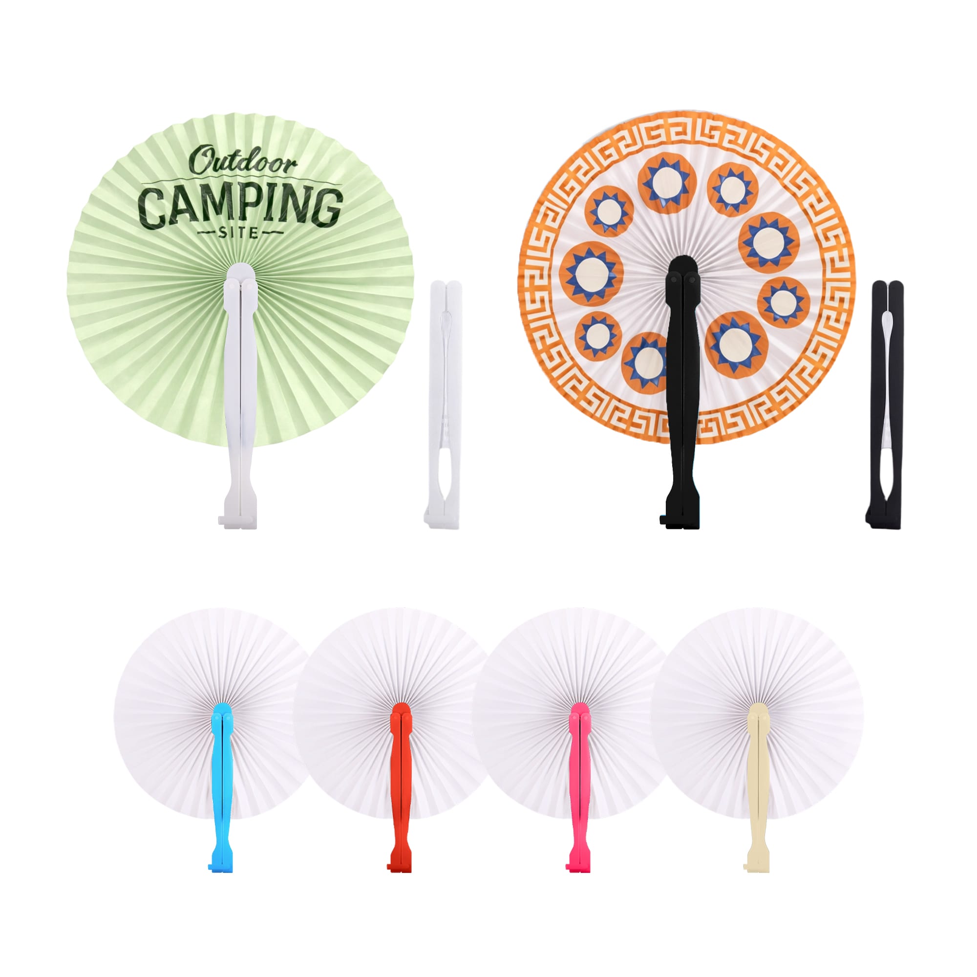 Round plastic paper fans in various colours, featuring green, white, black, and orange designs with different patterns. Round Plastic Handle Paper Fan - Image 1