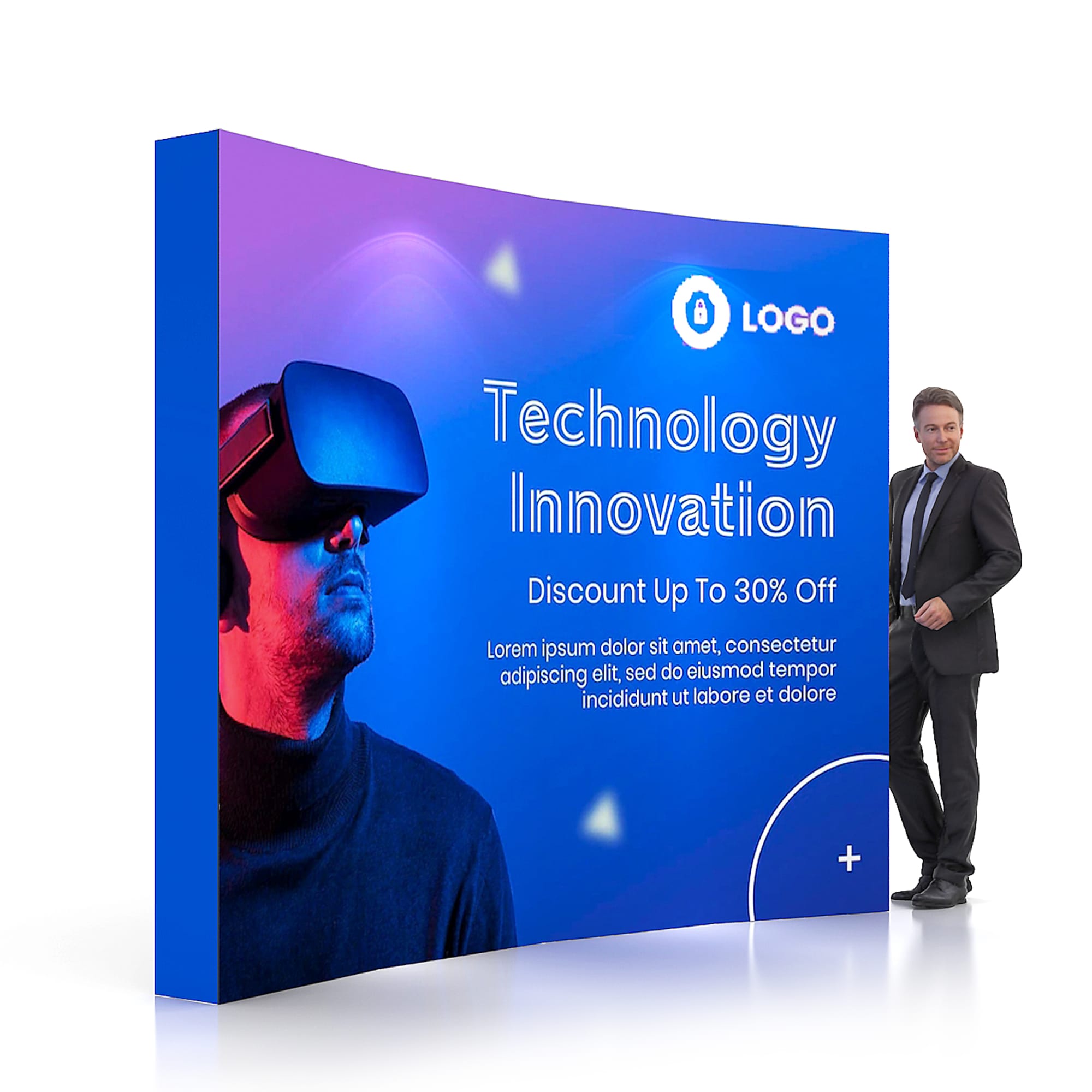 A curved blue display wall features a man in a suit and a virtual reality headset, with a logo and promotional text. 3m Curved Pop Up Display Wall - Image 1
