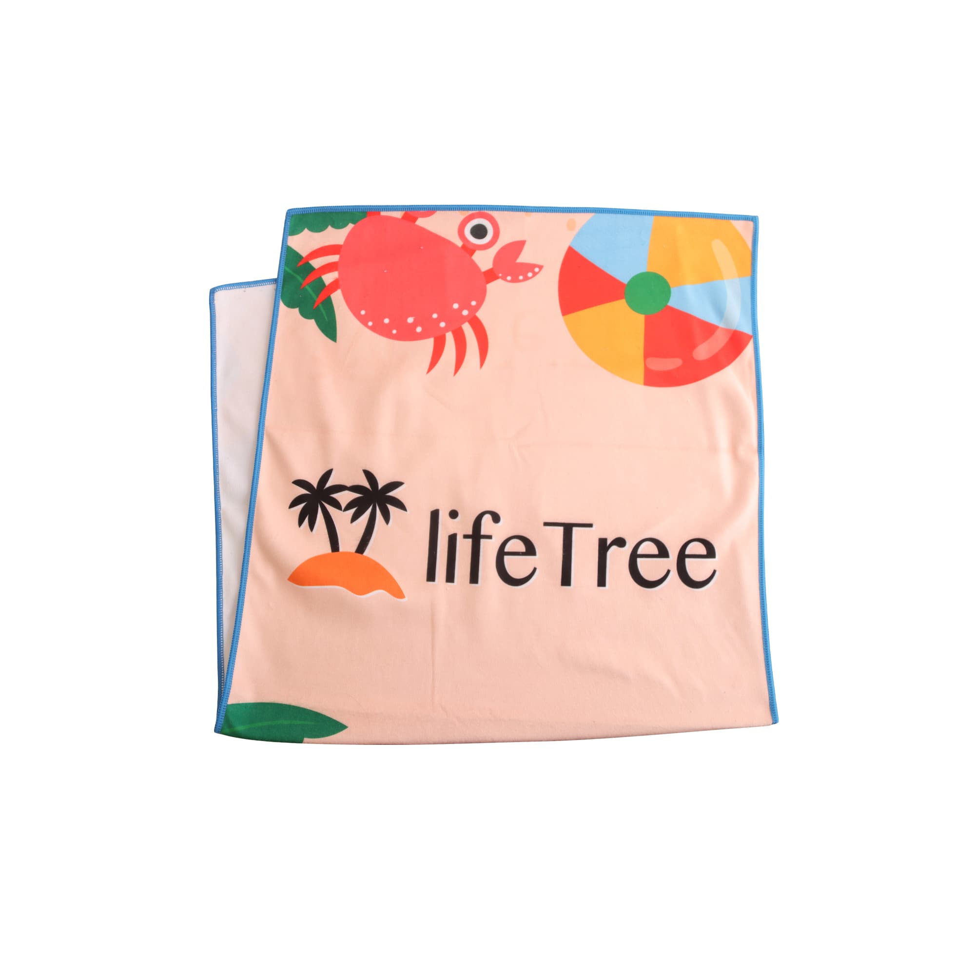 A microfibre beach towel with a light background featuring a crab, beach ball, and branding. Sized at 50x100cm. Microfibre Colour Beach Towel (50x100cm) - Image 1
