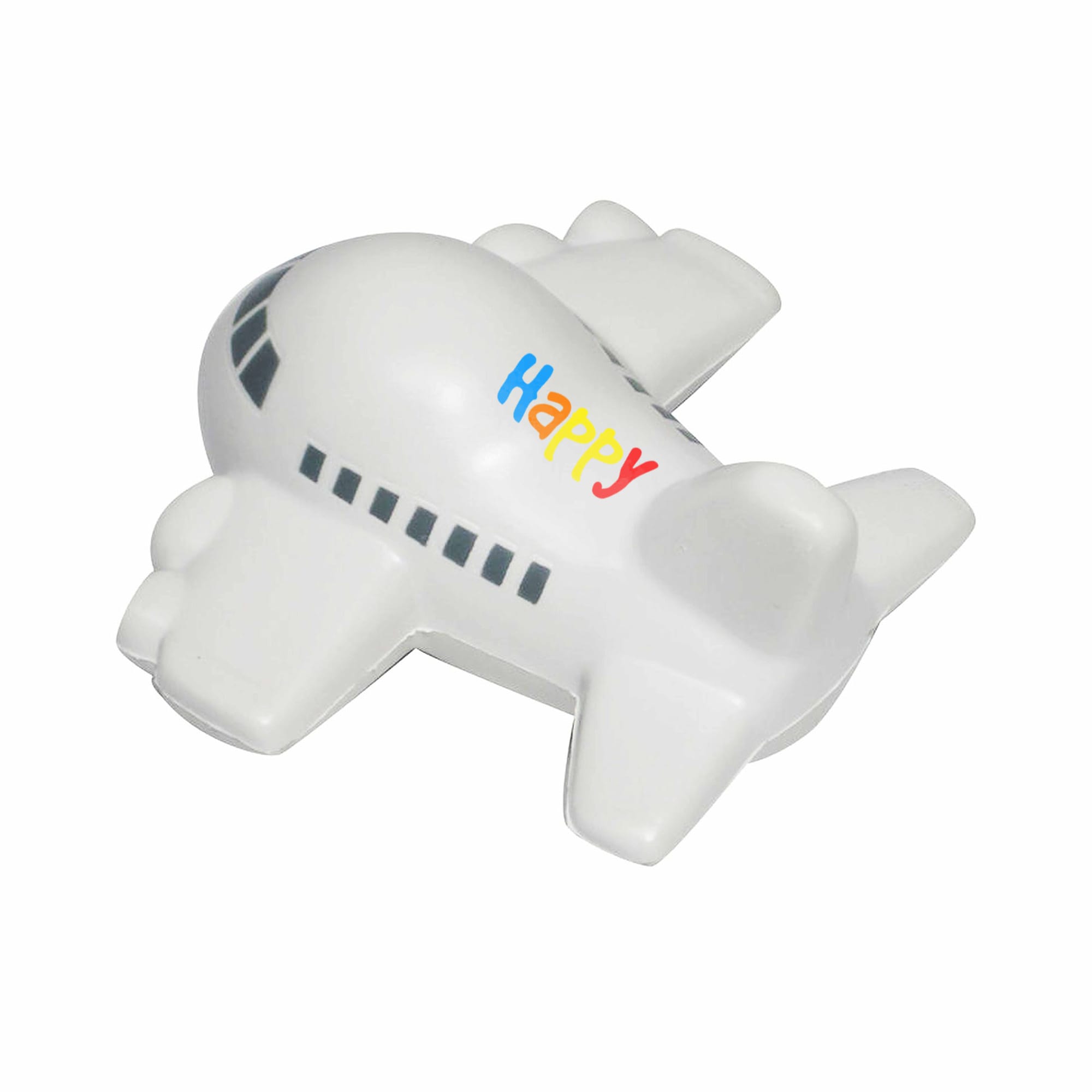 A white aircraft-shaped stress reliever with multi-coloured lettering and detailing resembles an airplane. Aircraft Shape Stress Reliever - Image 1
