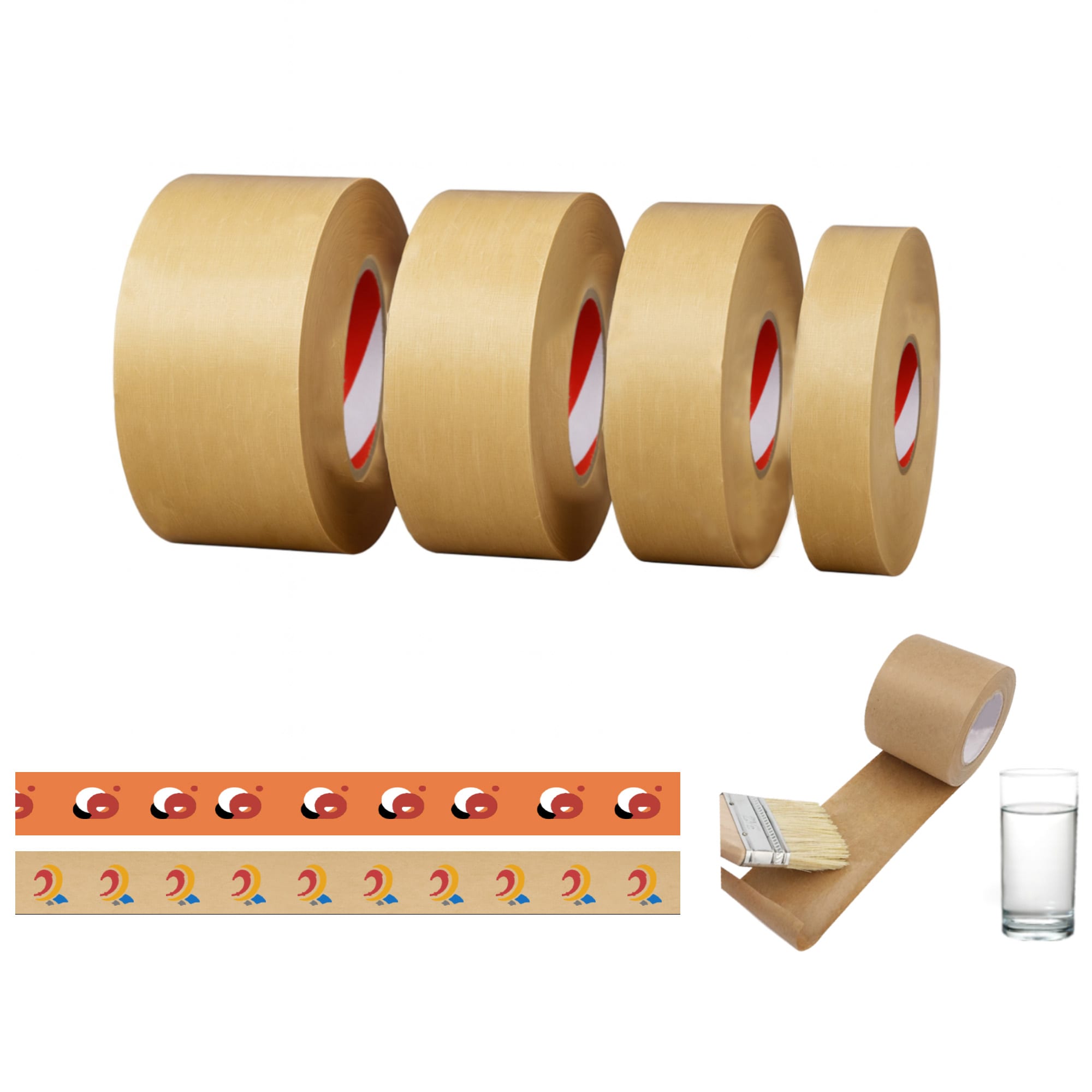 Water activated gummed kraft paper tape rolls in brown, with a patterned tape strip and a paintbrush alongside a glass of water. Water Activated Gummed Kraft Paper Tape - Image 1