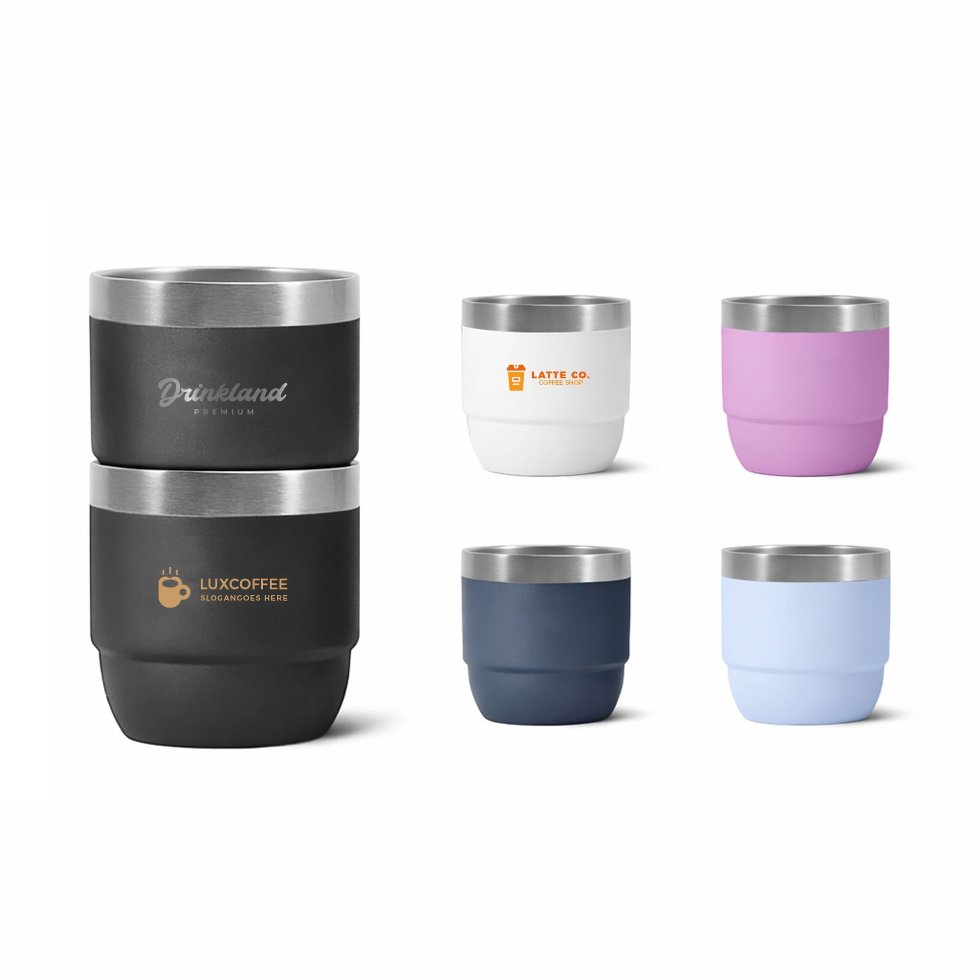A stackable stainless steel tumbler set in black, white, pink, navy, and light blue with logos on some tumblers. Stackable Stainless Steel Tumbler - Image 1