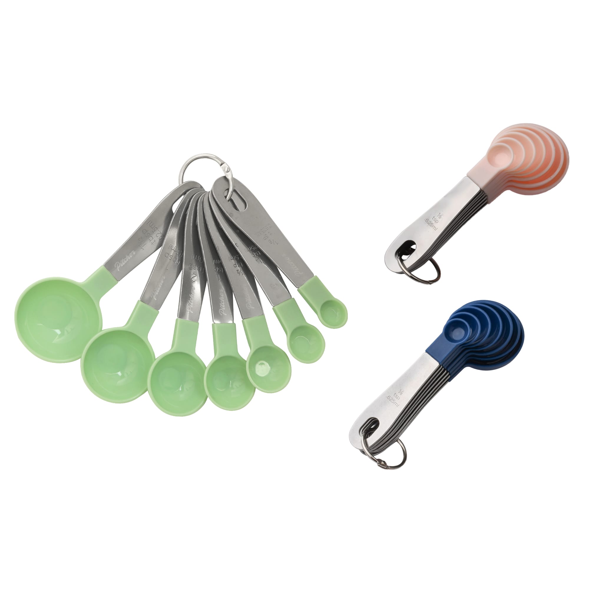 A set of measuring spoons in green and grey, featuring a metal ring, alongside nested spoons in pink and blue. Measuring Spoons Set - Image 1