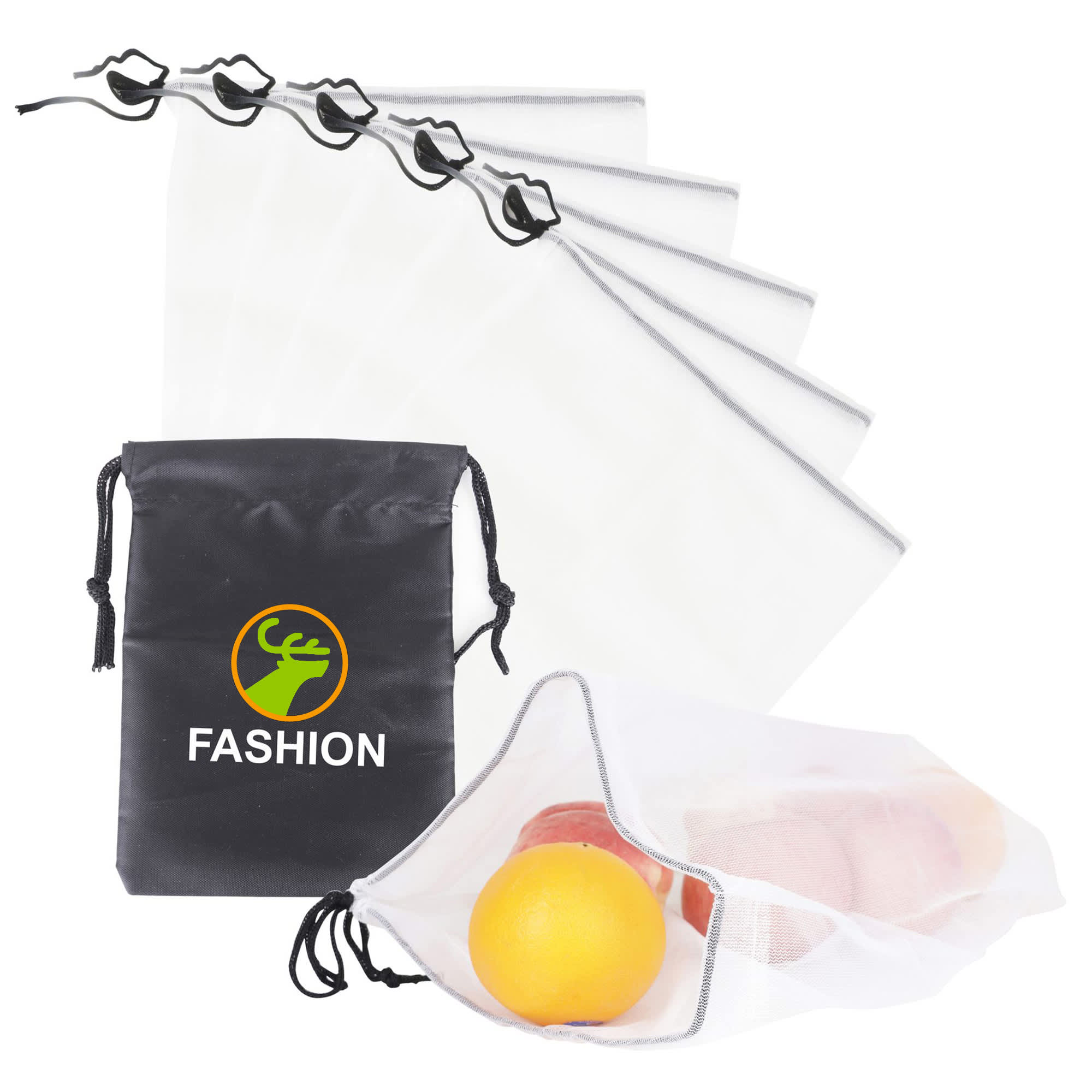 A set of five white produce bags with a black drawstring storage pouch, featuring a logo. 5 Pieces Produce Bag Set - Image 1